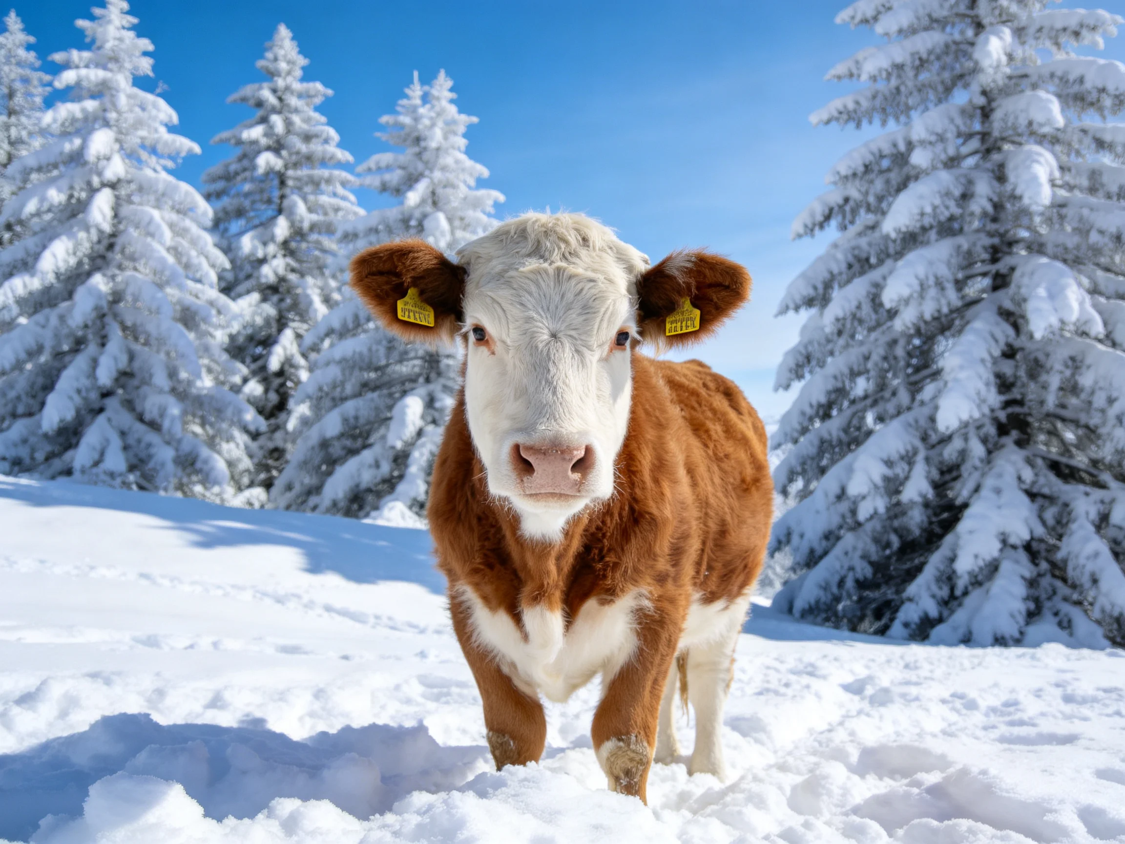 A brown and white cow stands in a snowy landscape with snow-covered pines