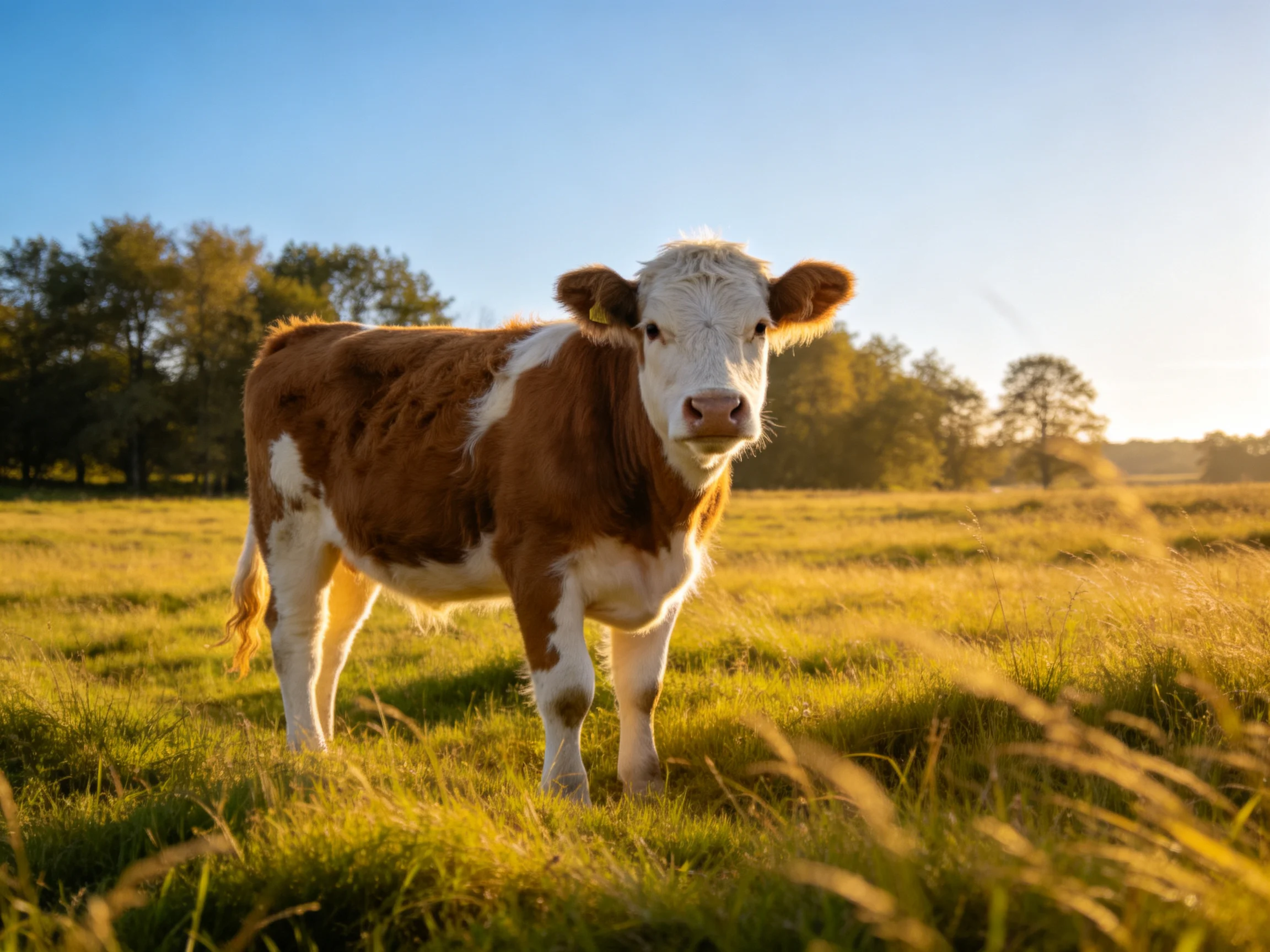 A brown and white cow stands in a sun-drenched golden meadow near trees