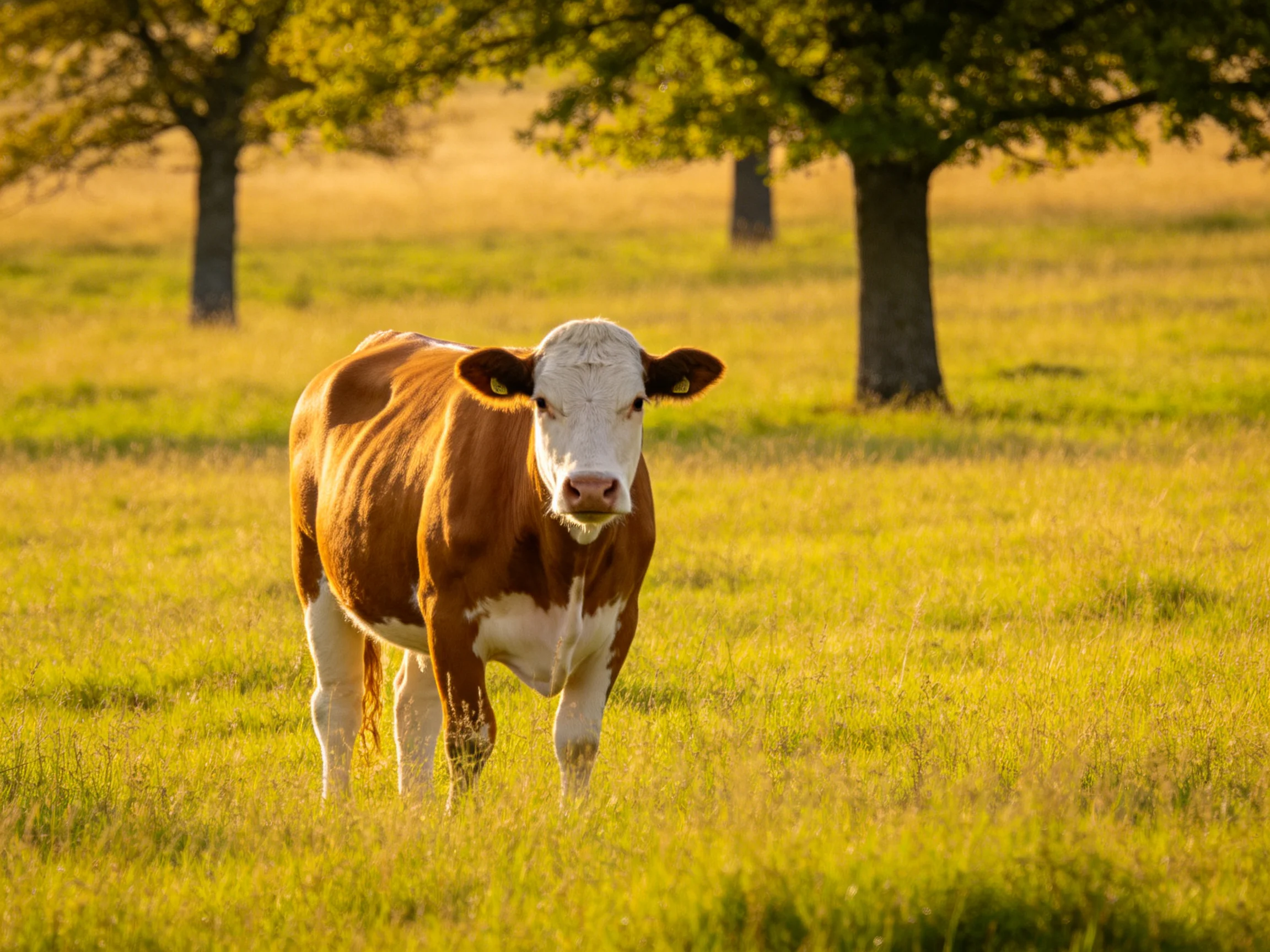 A brown and white cow stands in a sun-drenched grassy field with trees