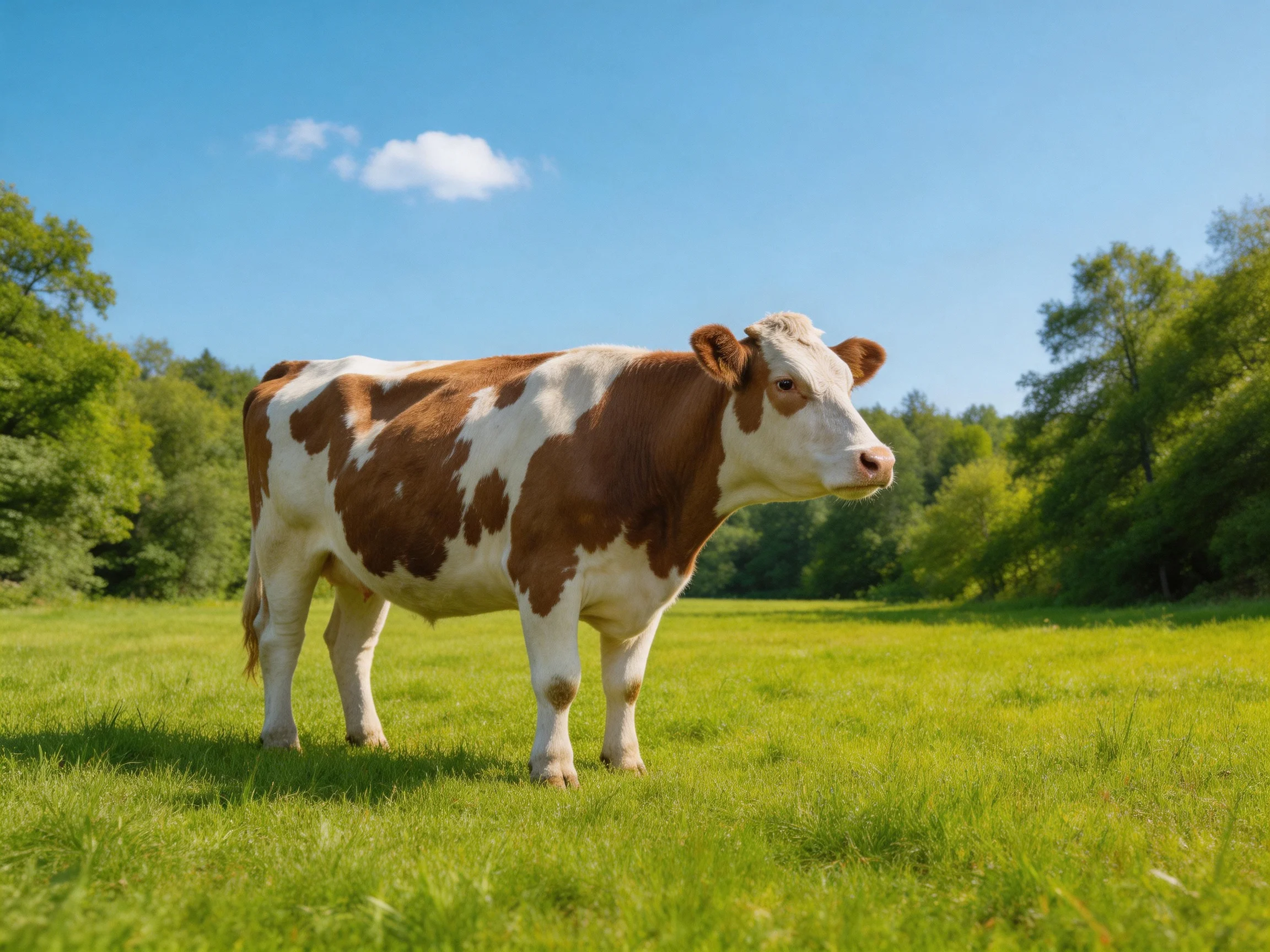A brown and white cow stands in a sun-drenched meadow