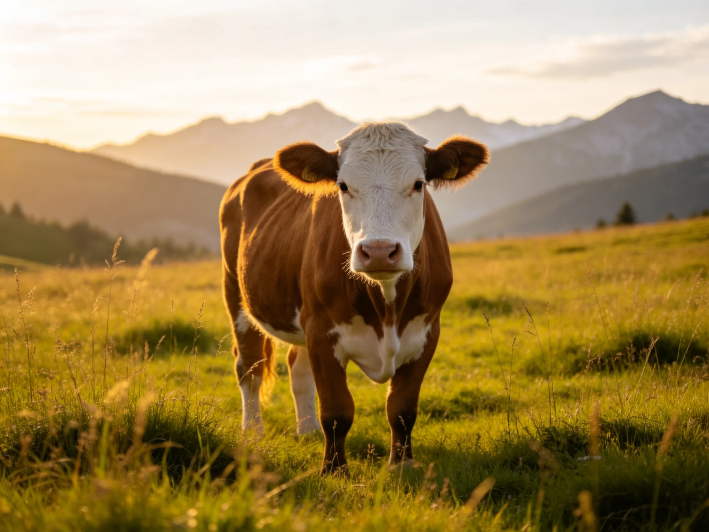 A brown-and-white cow stands in a sun-drenched meadow with distant mountains