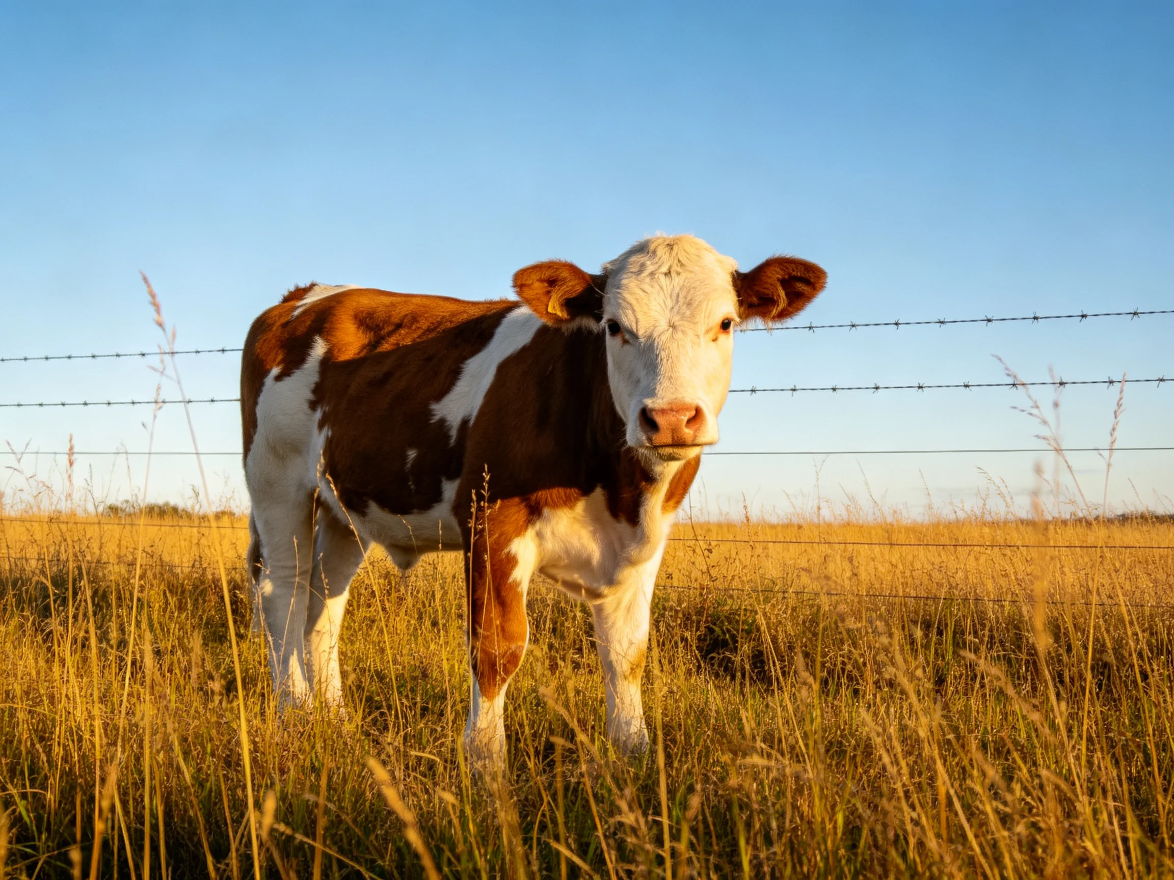 A brown and white cow stands in a sunlit golden field with barbed wire