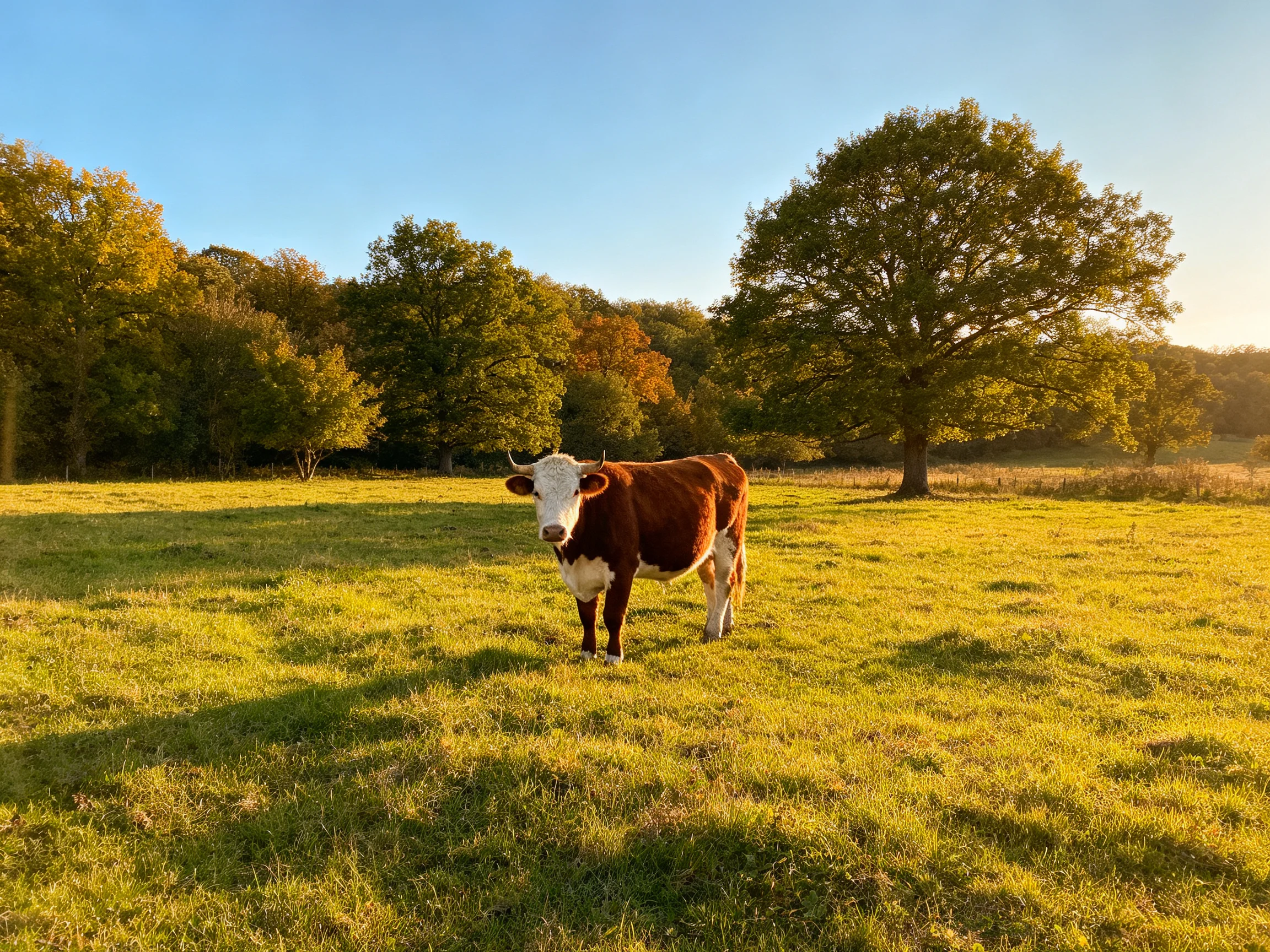 A brown and white cow stands in a sunlit golden meadow near large green trees