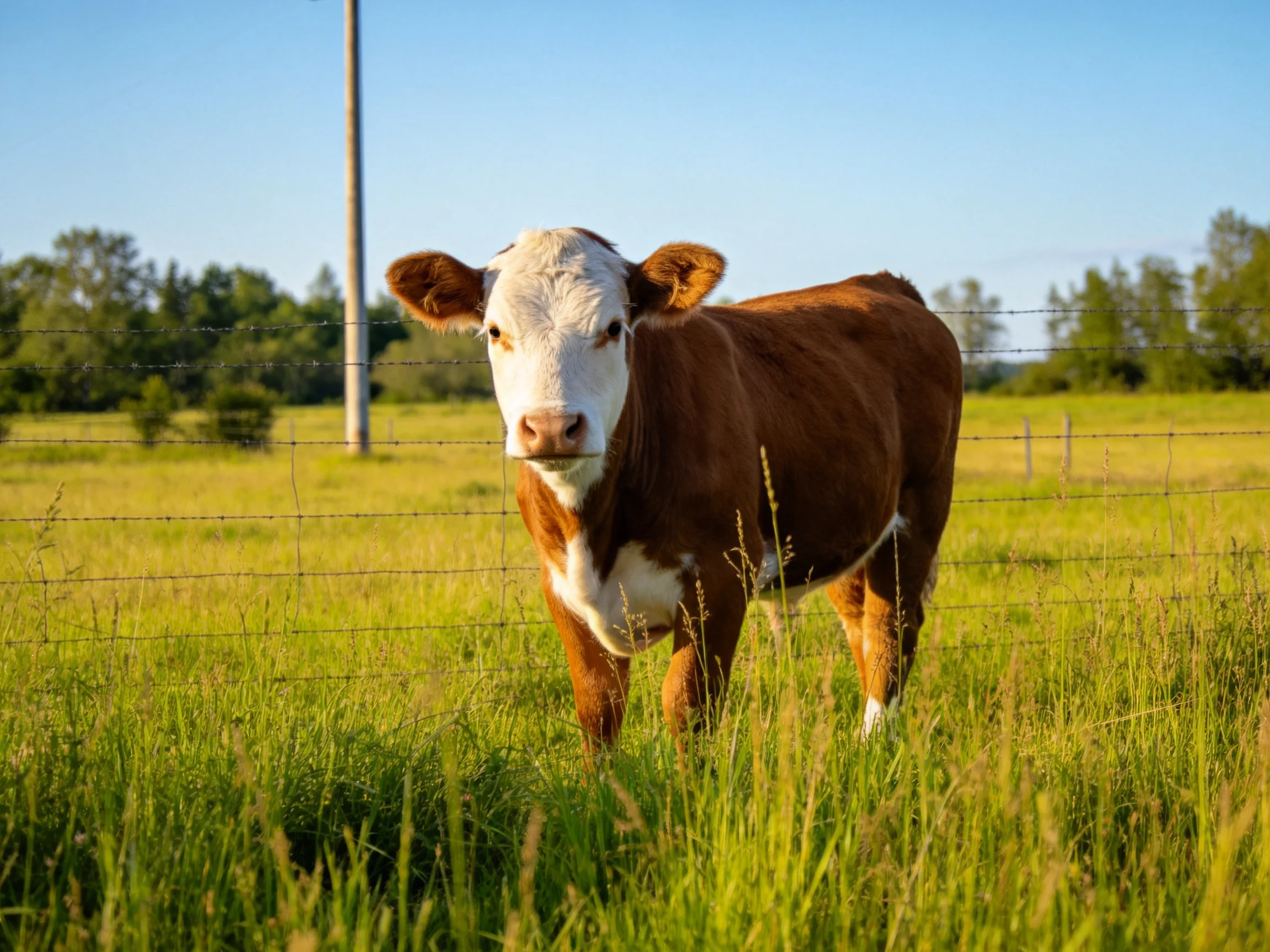 A brown and white cow stands in a sunlit grassy field near barbed wire