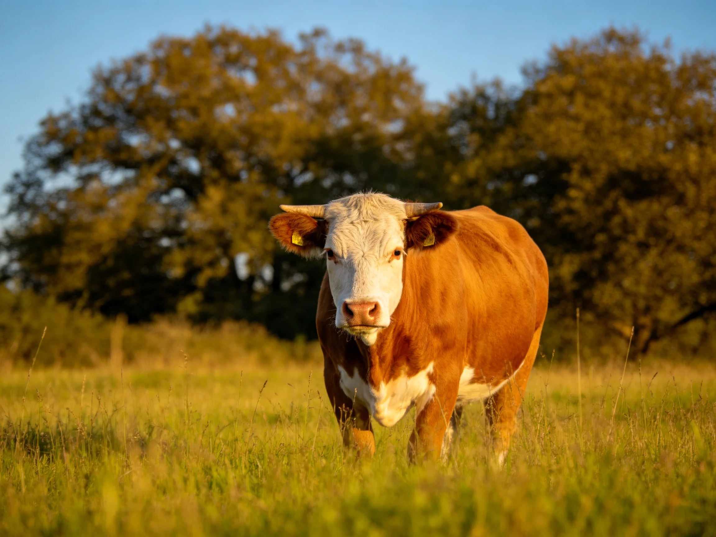 A brown and white cow stands in a sunlit grassy field near large trees