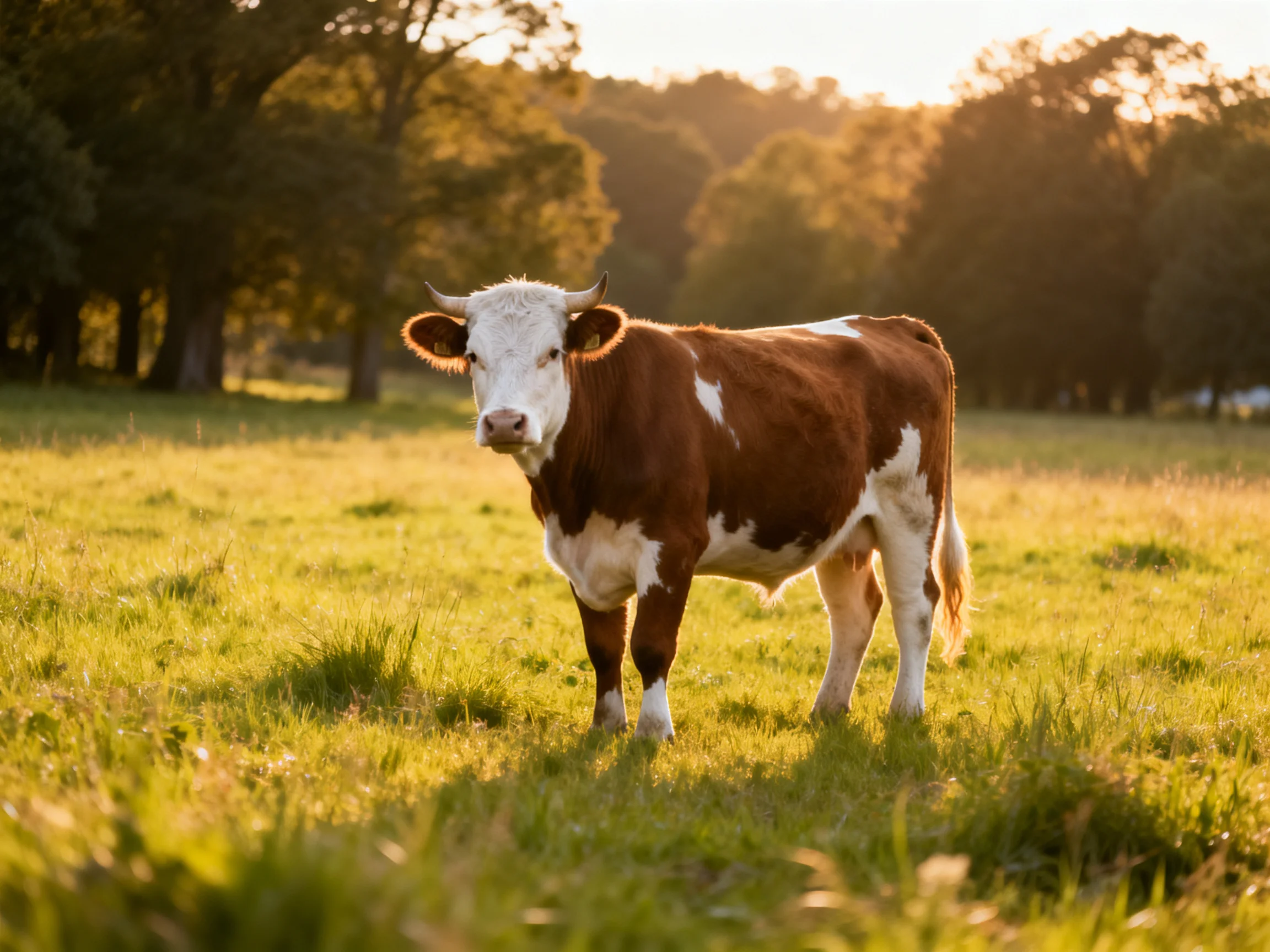 A brown and white cow stands in a sunlit grassy field near trees