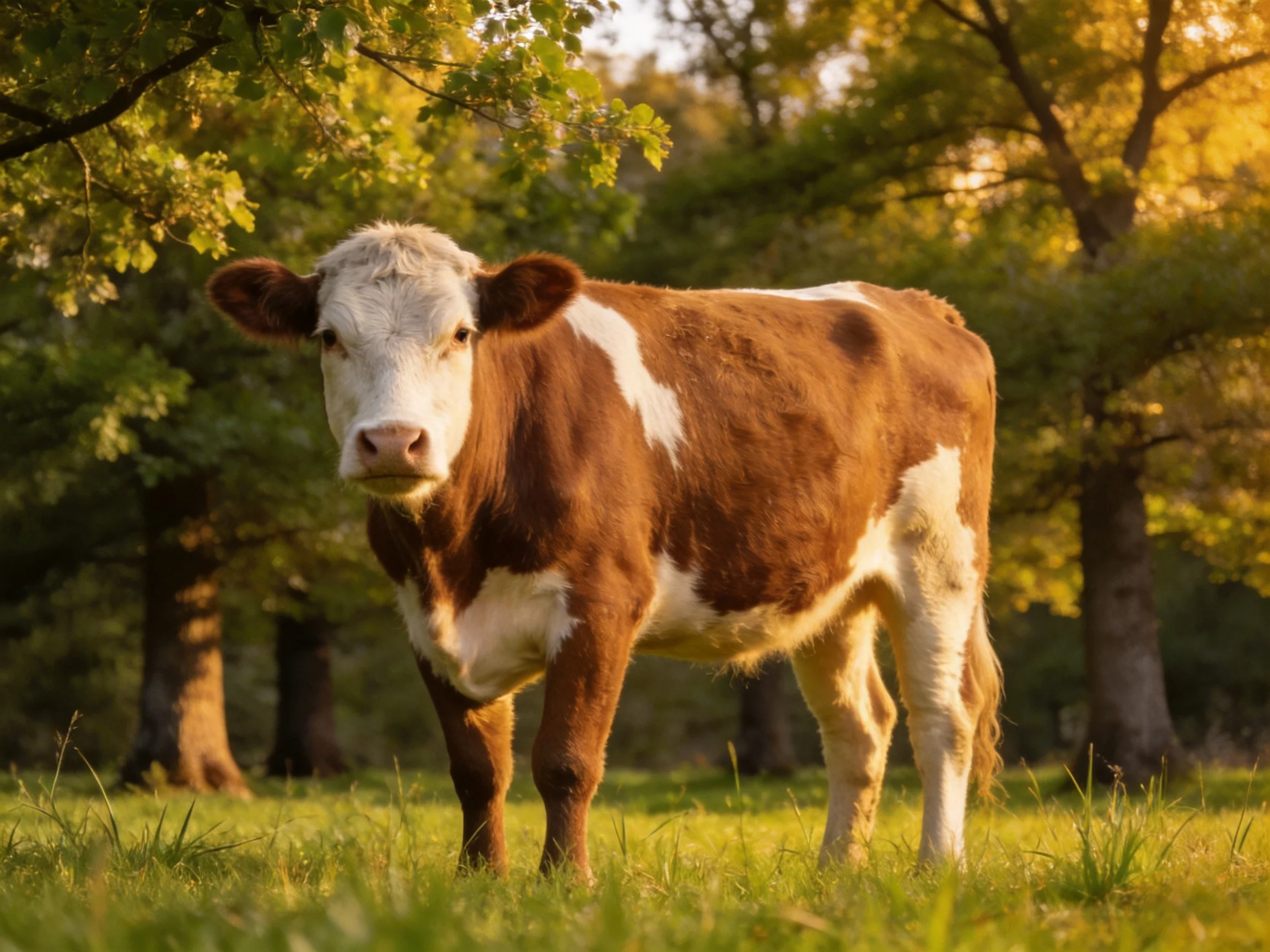 A brown and white cow stands in a sunlit grassy field near trees