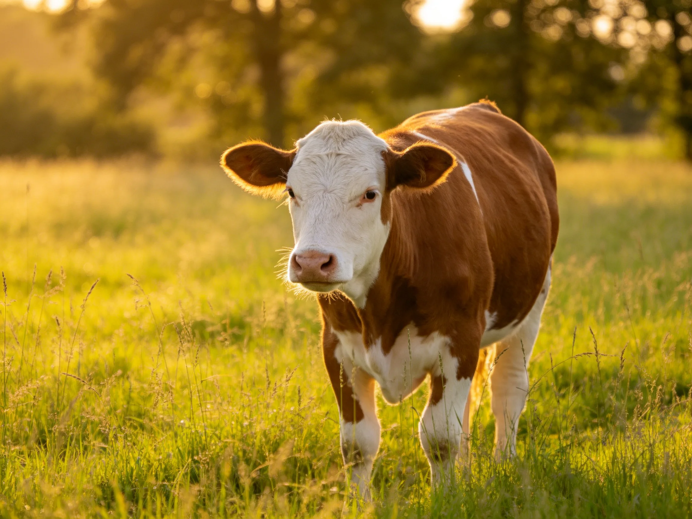 A brown and white cow stands in a sunlit grassy field