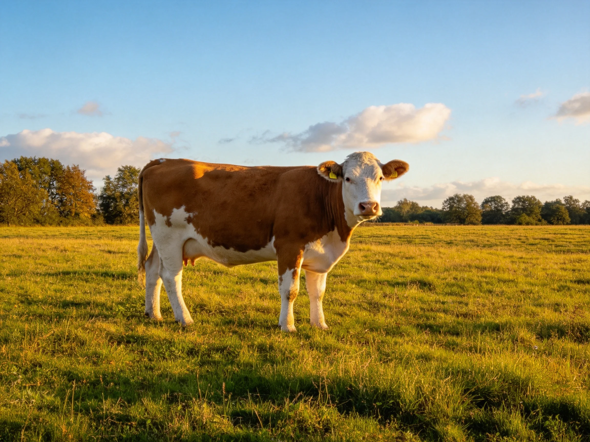 A brown and white cow stands in a sunlit grassy field with trees in the distance