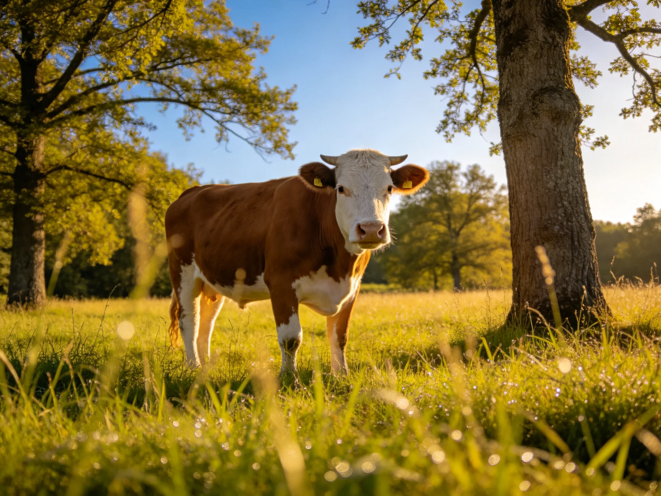 A brown and white cow stands in a sunlit grassy meadow near trees