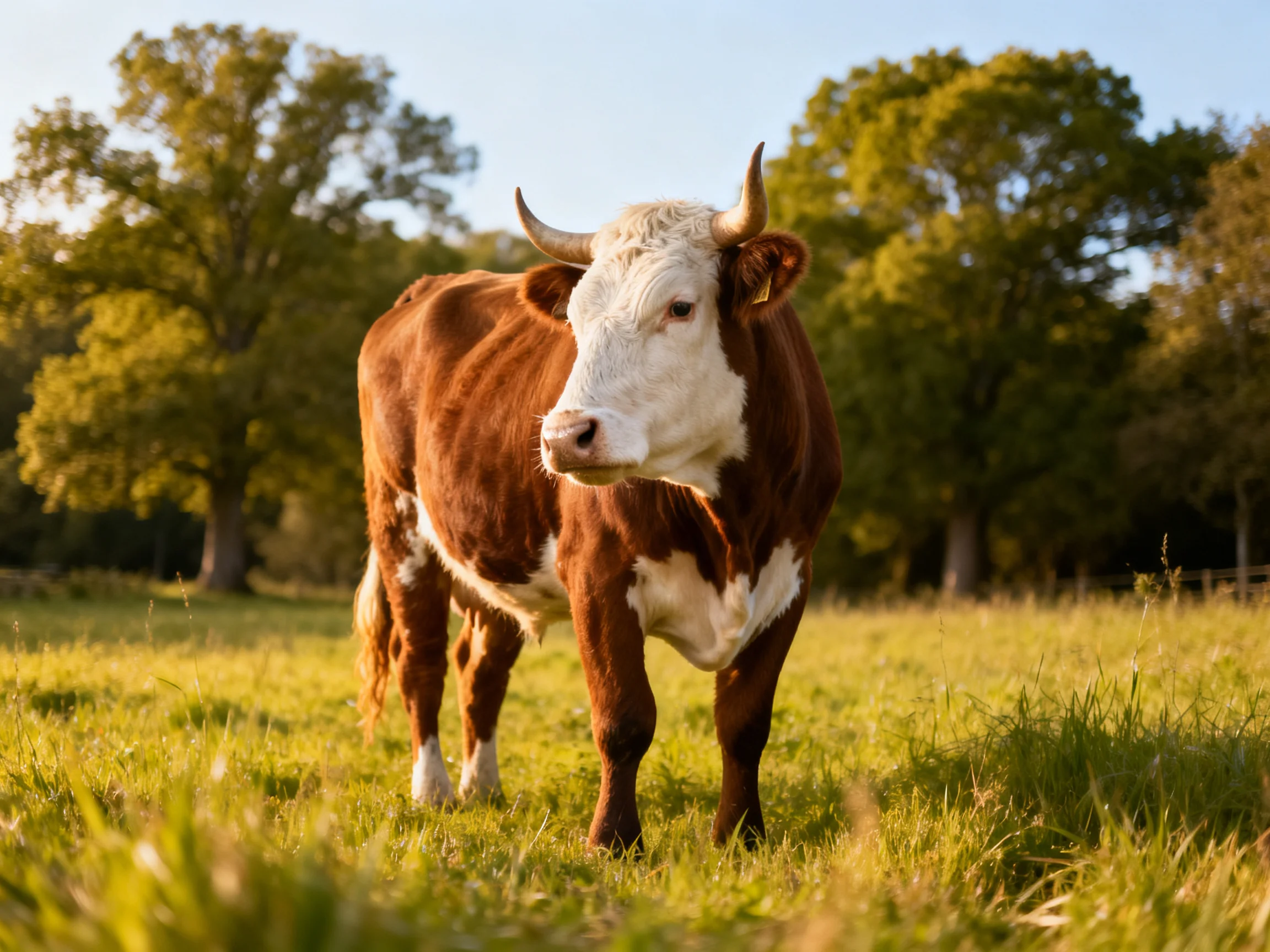 A brown and white cow stands in a sunlit green meadow
