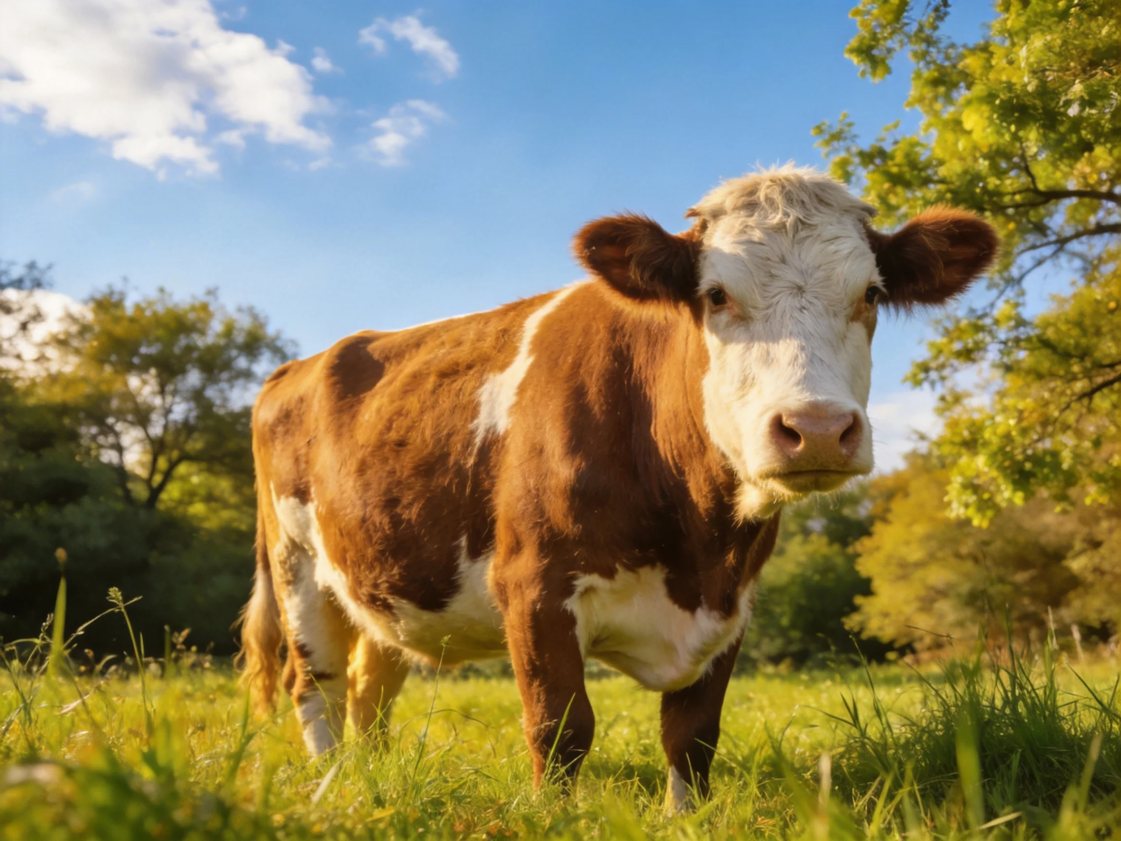 A brown and white cow stands in a sunlit green meadow