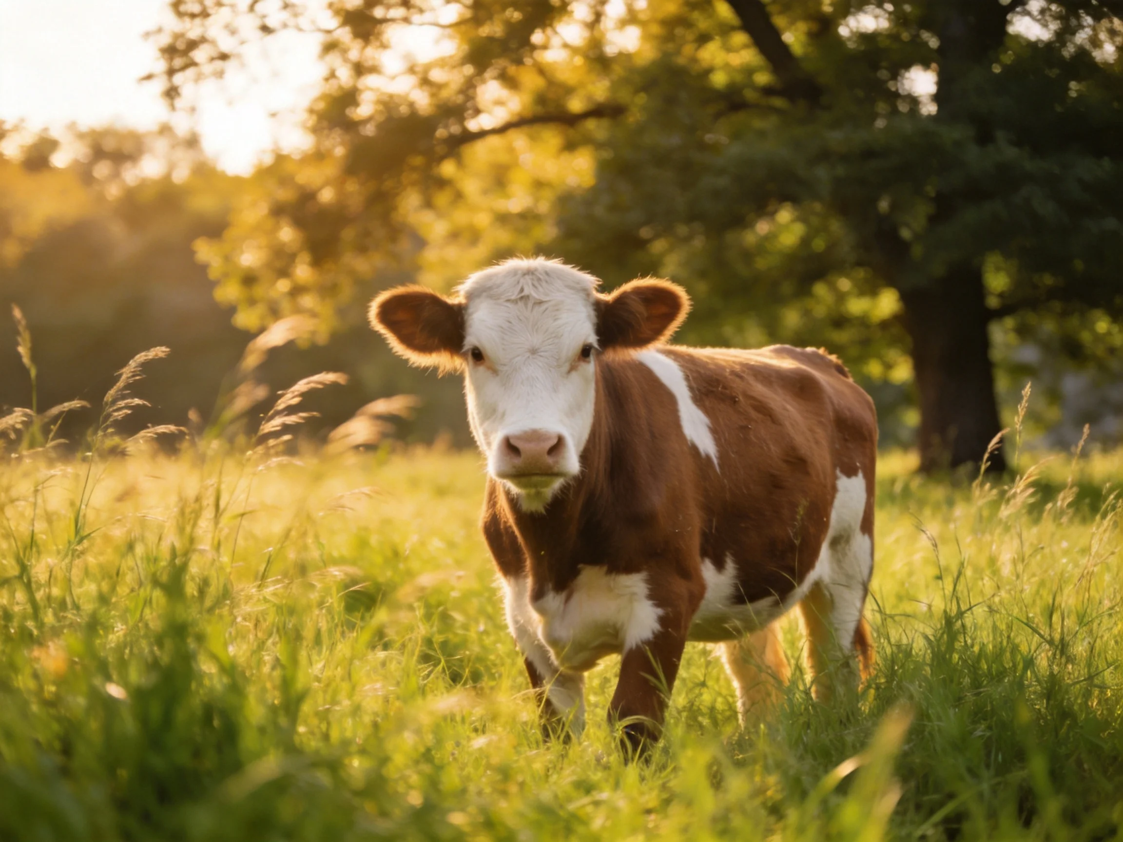 A brown and white cow stands in a sunlit green meadow near large trees
