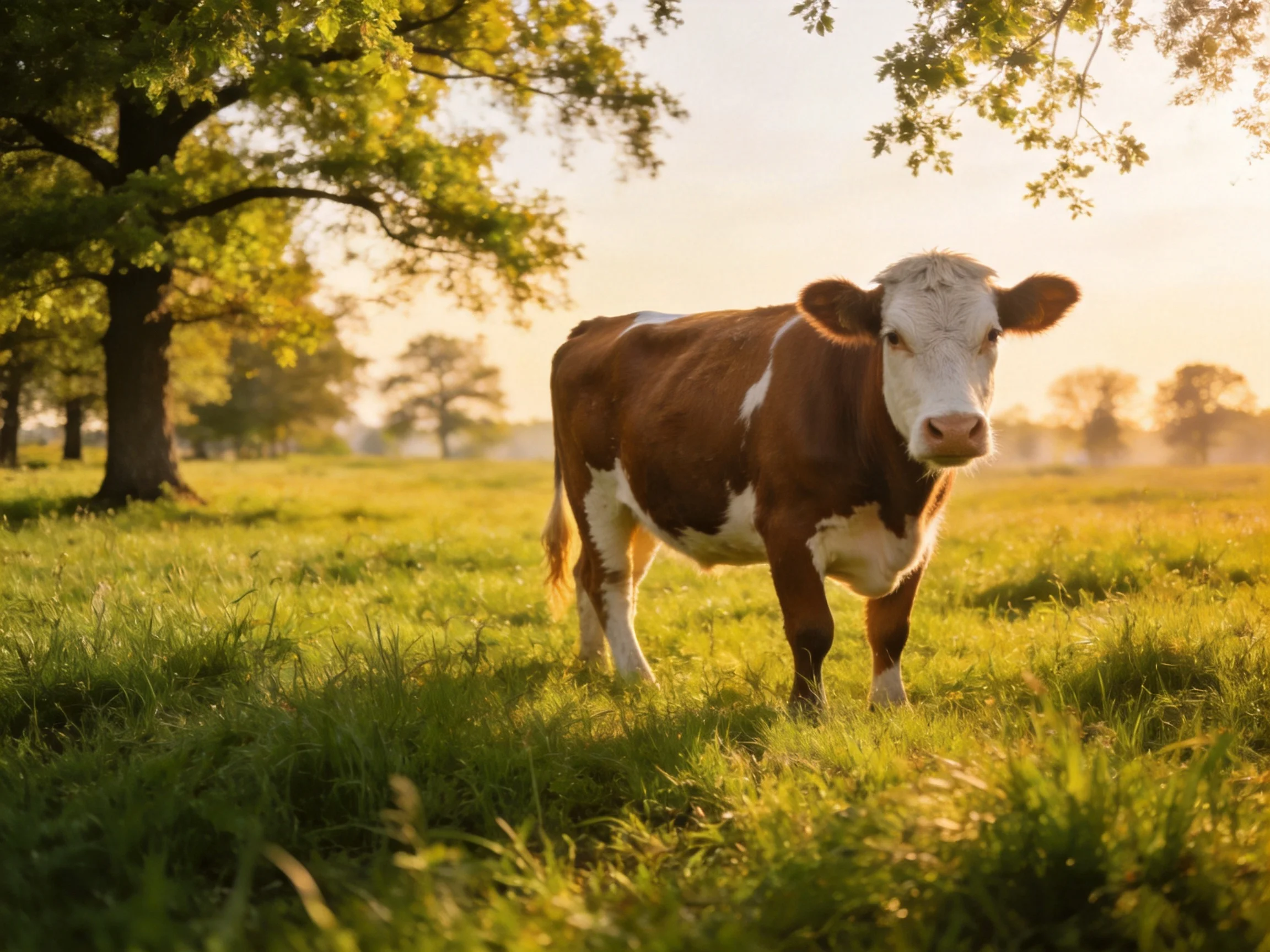 A brown and white cow stands in a sunlit green meadow near tall trees
