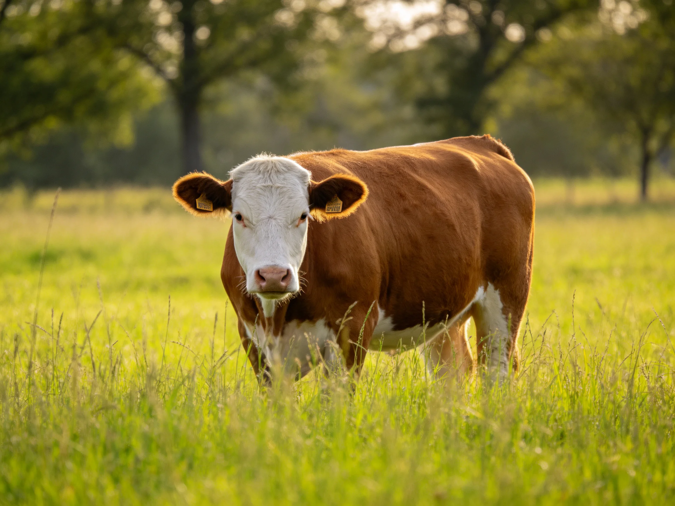 A brown and white cow stands in a sunlit green meadow near trees