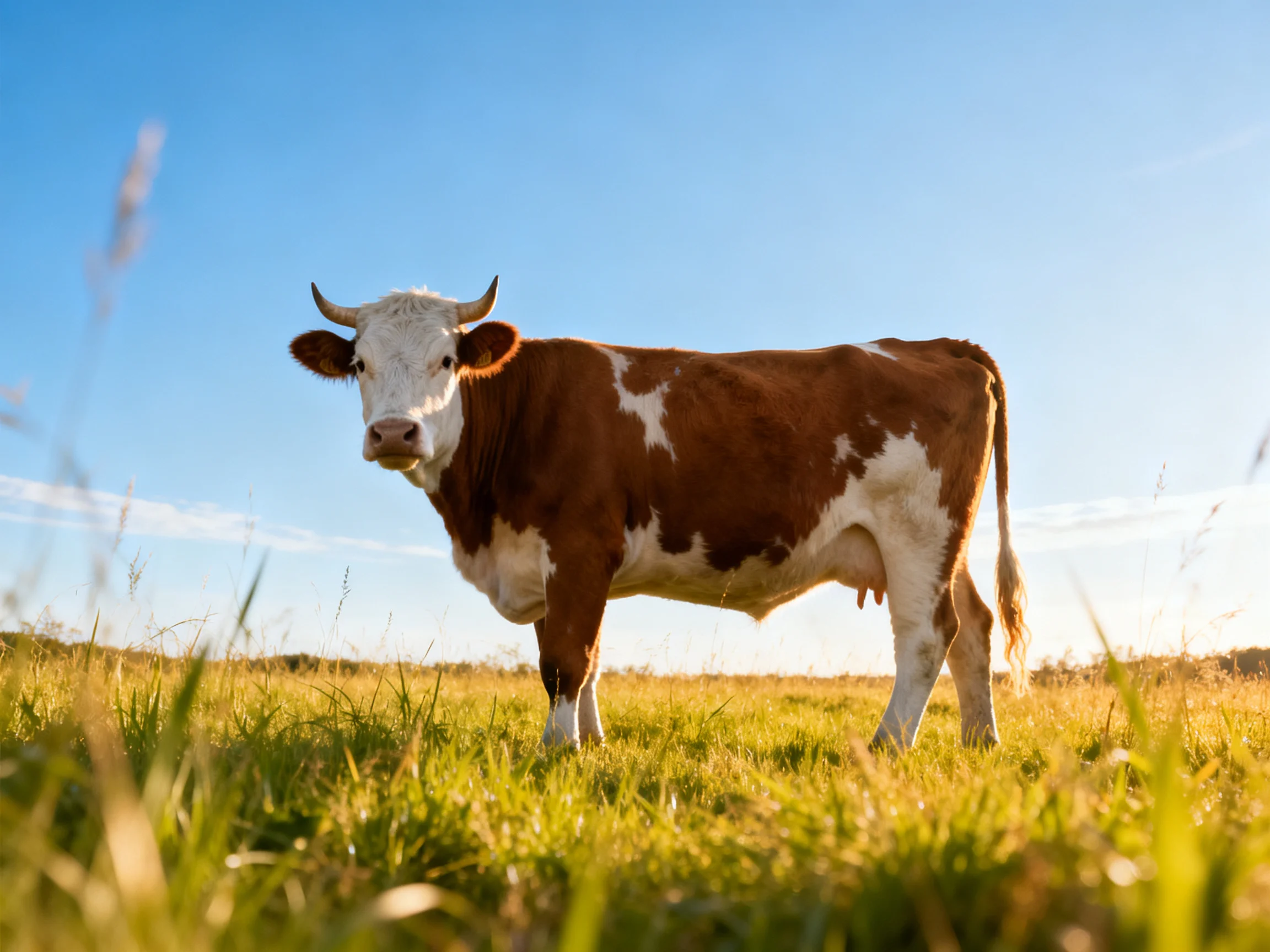 A brown and white cow stands in a sunlit green meadow under a clear blue sky