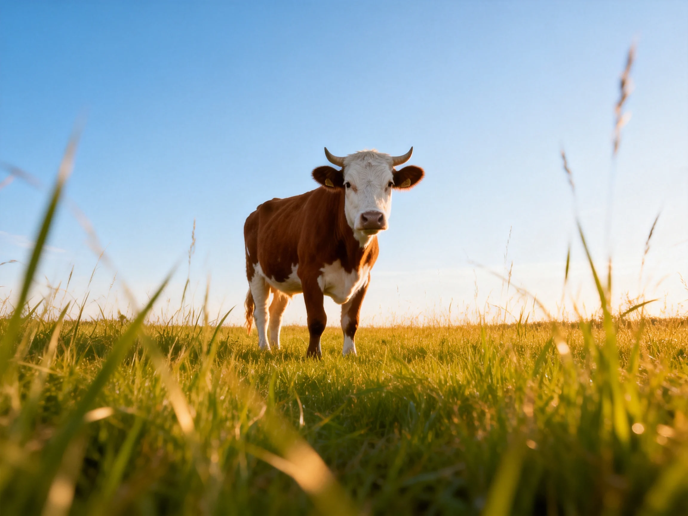 A brown and white cow stands in a sunlit green meadow under clear blue sky