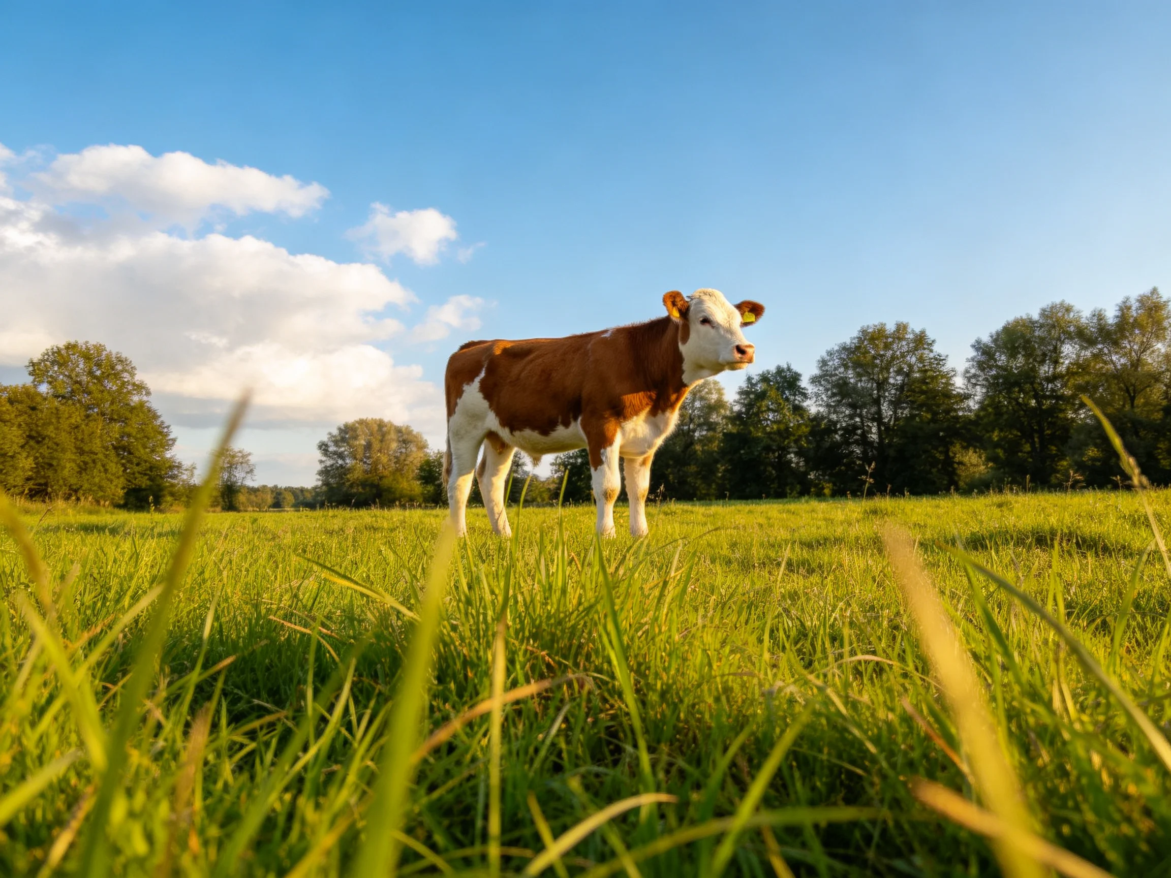 A brown and white cow stands in a sunlit green meadow with distant trees