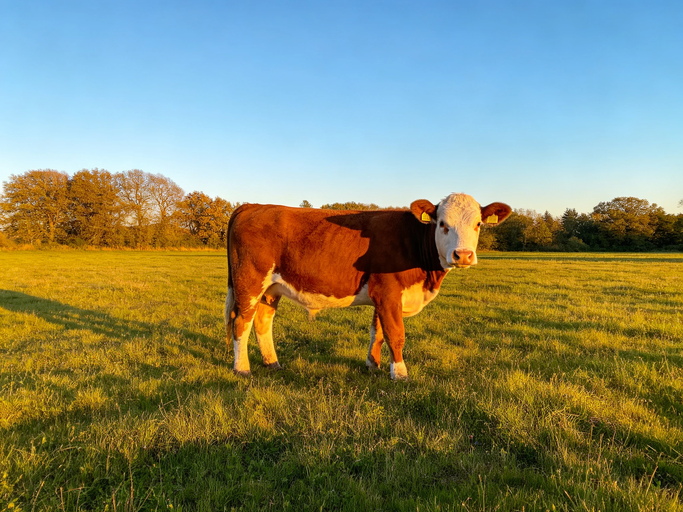 A brown and white cow stands in a sunlit green meadow with distant trees