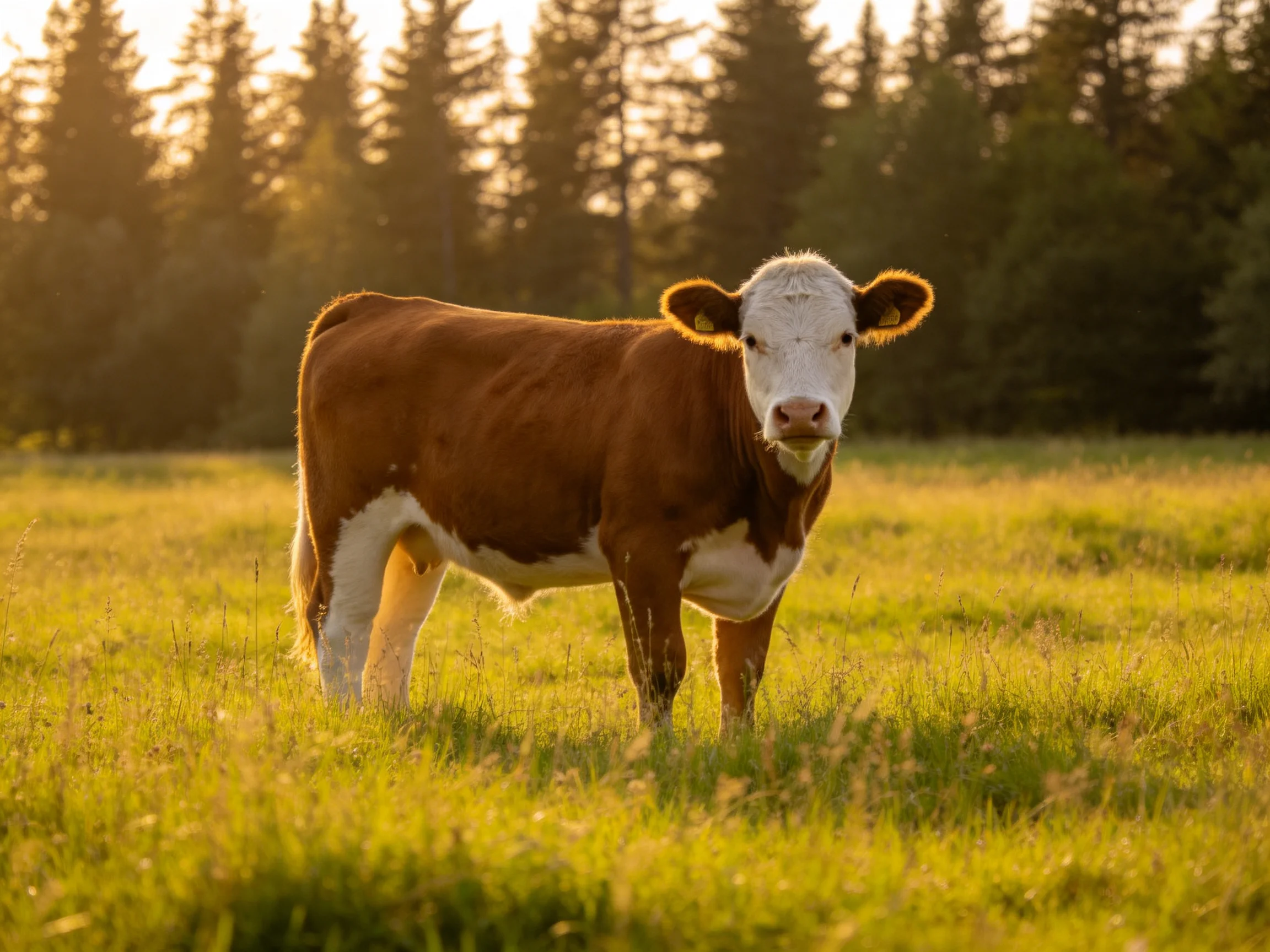 A brown-and-white cow stands in a sunlit green meadow with forest backdrop