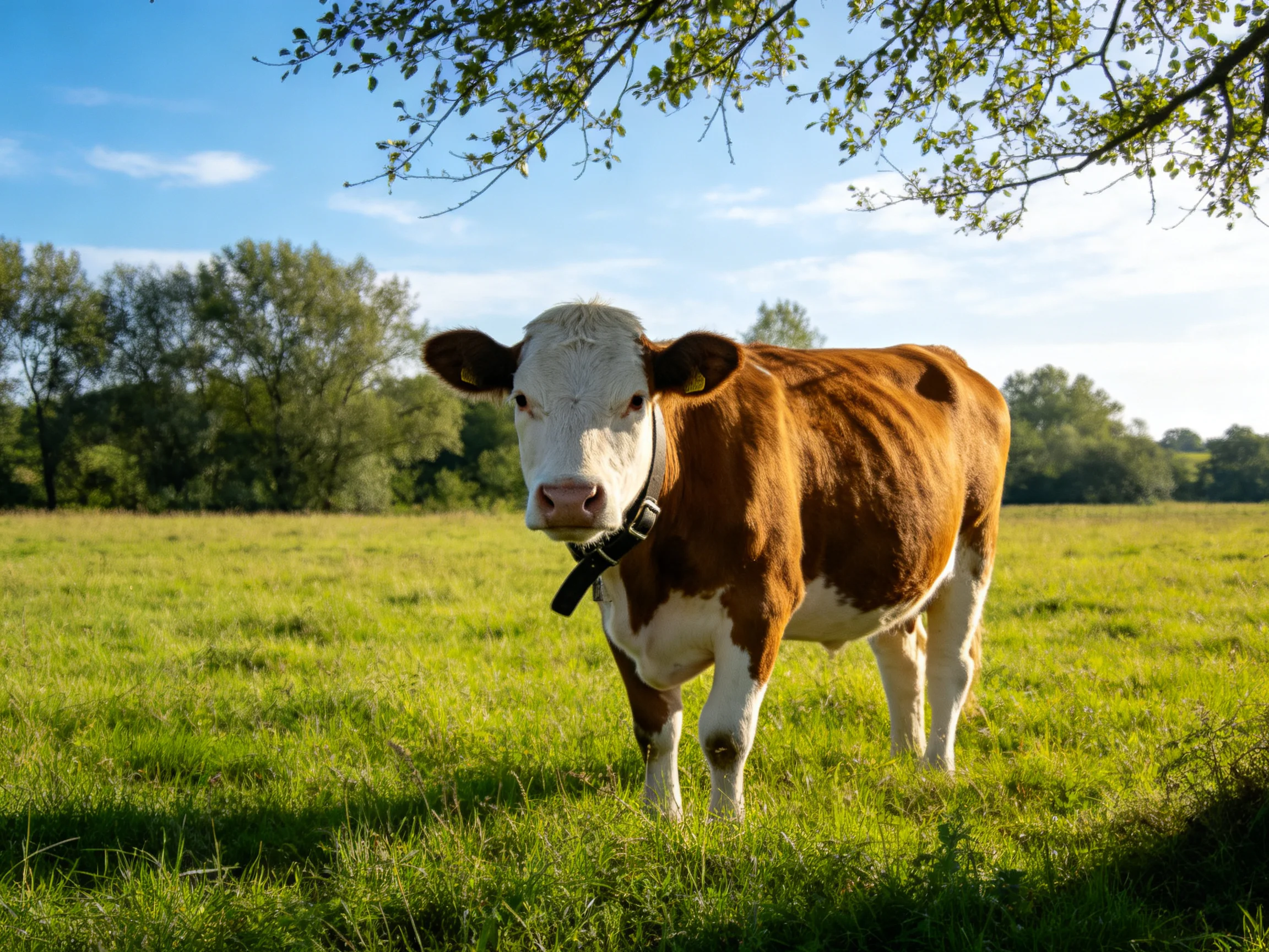 A brown and white cow stands in a sunlit green meadow with trees behind