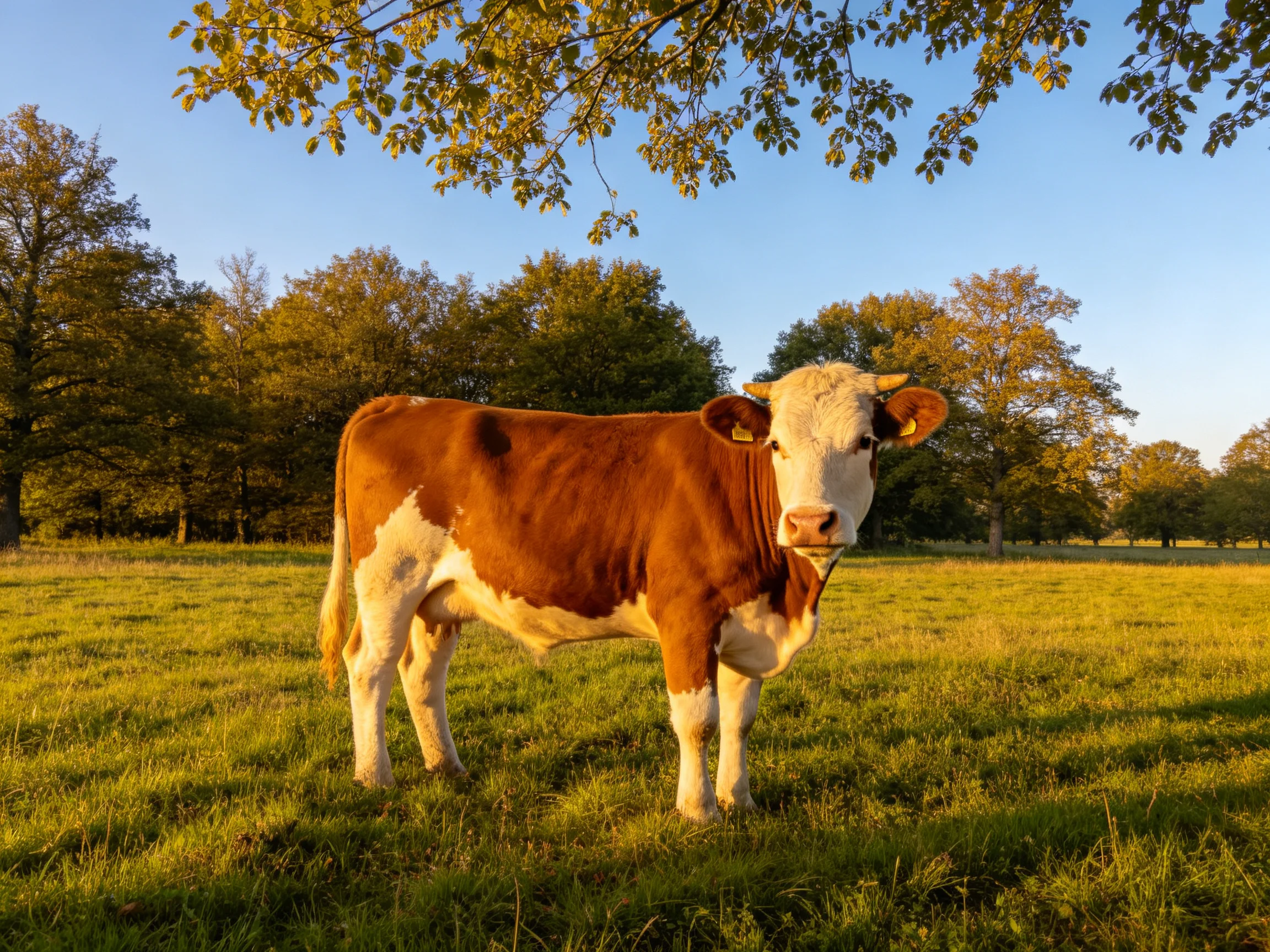 A brown and white cow stands in a sunlit green meadow with trees nearby