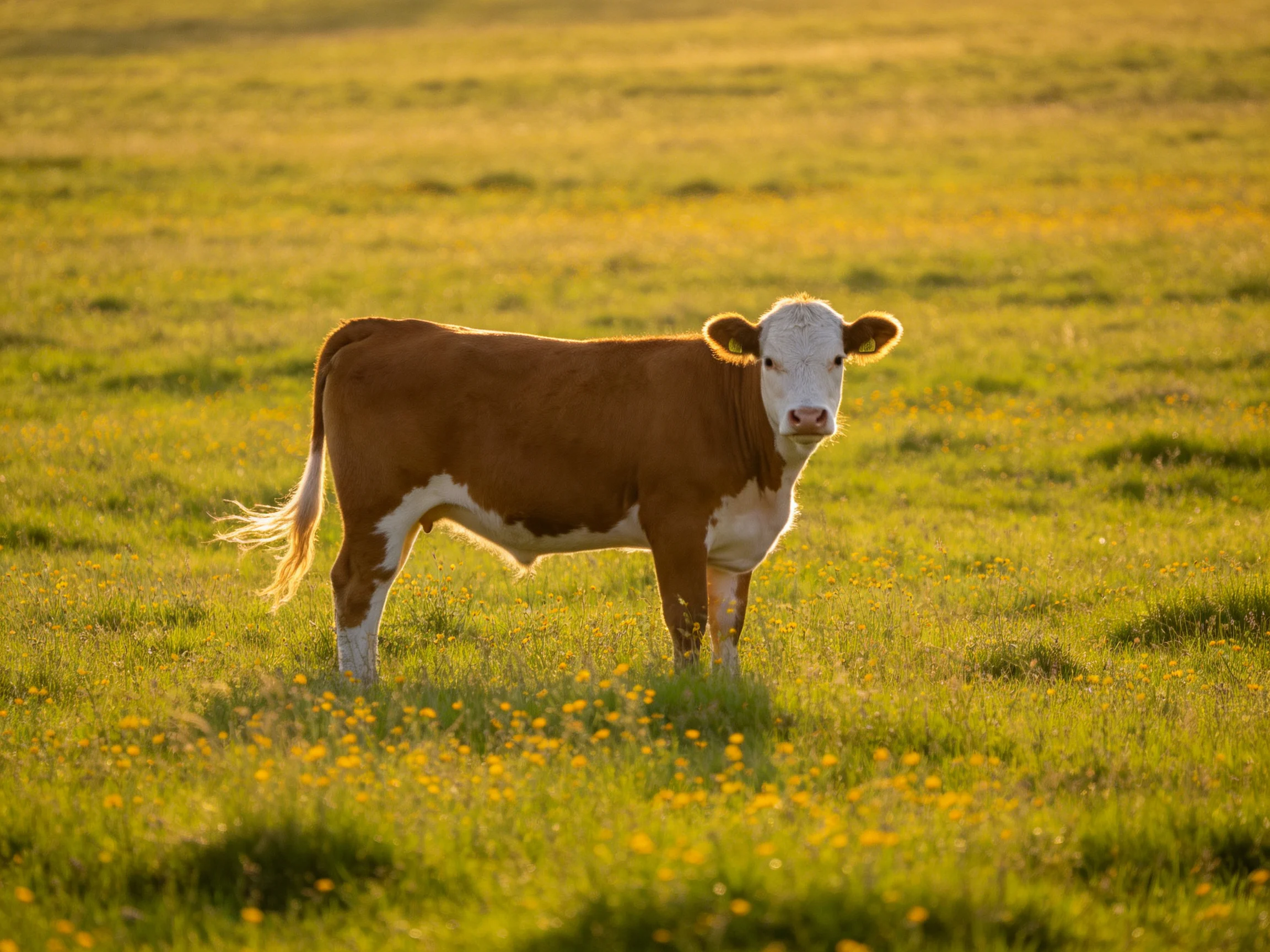 A brown and white cow stands in a sunlit green meadow with yellow wildflowers