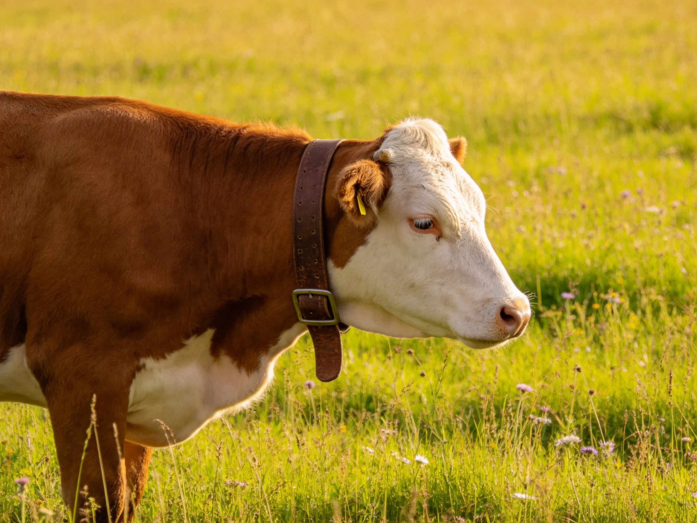 A brown and white cow stands in a sunlit green meadow