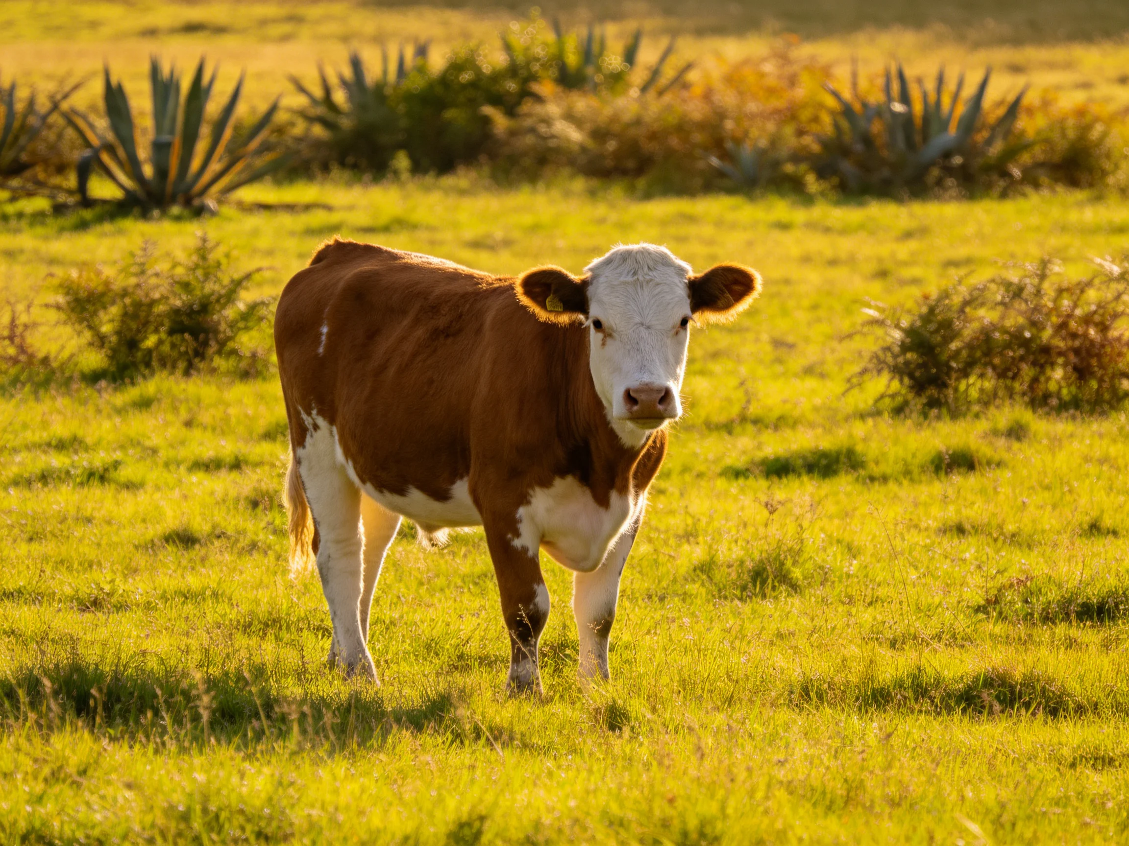 A brown and white cow stands in a sunlit green pasture