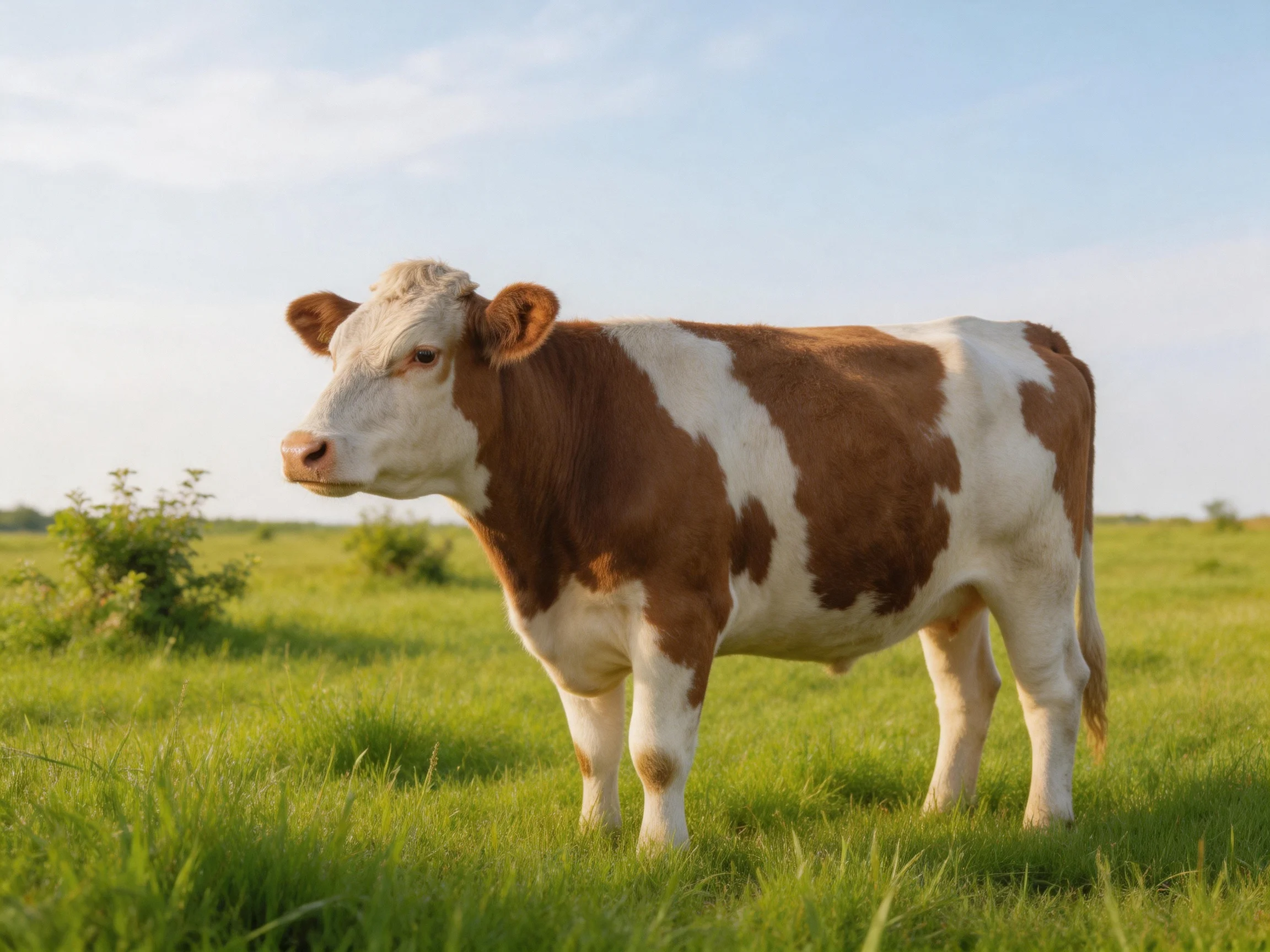A brown and white cow stands in a sunlit green pasture