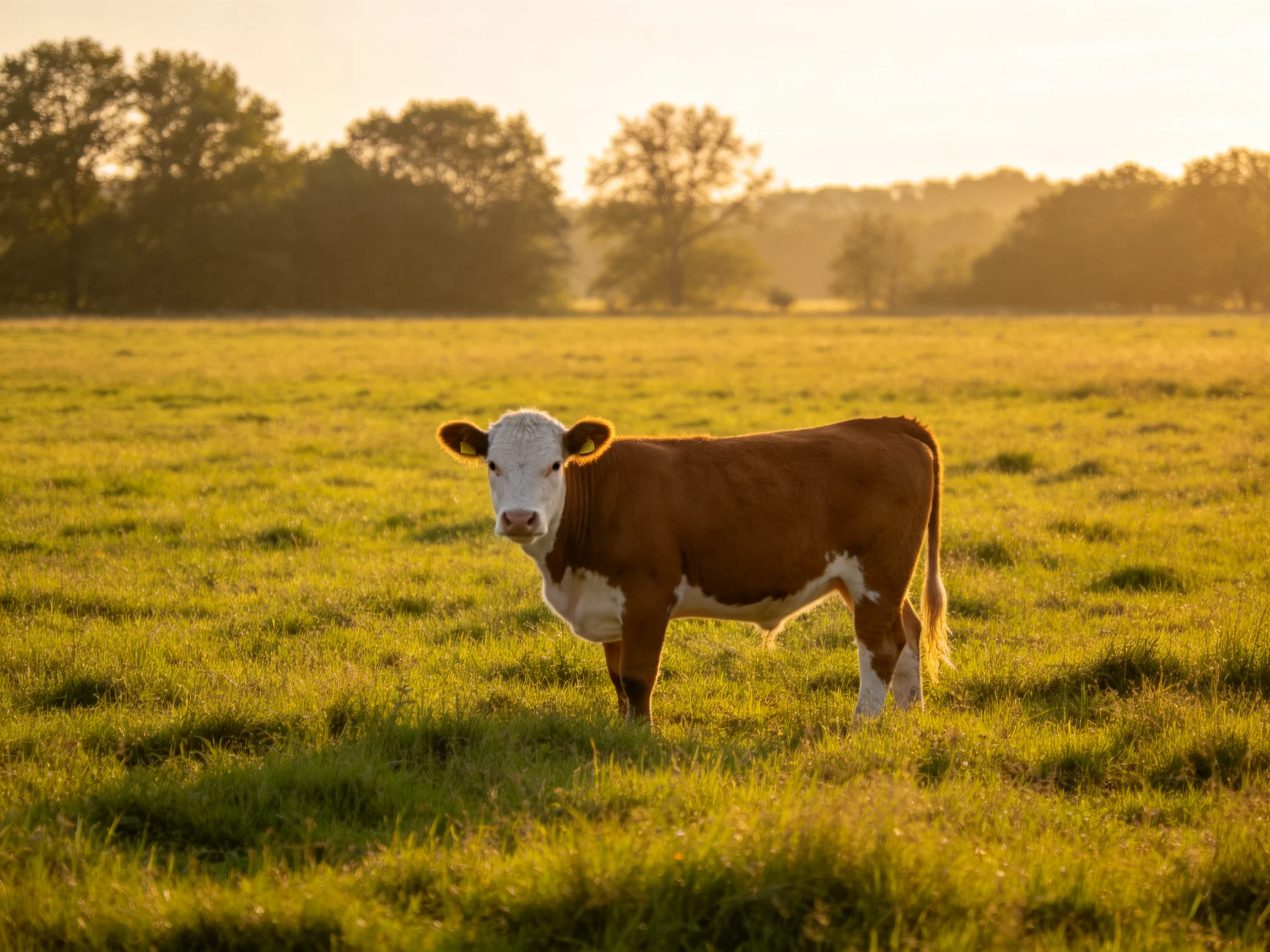 A brown and white cow stands in a sunlit green pasture