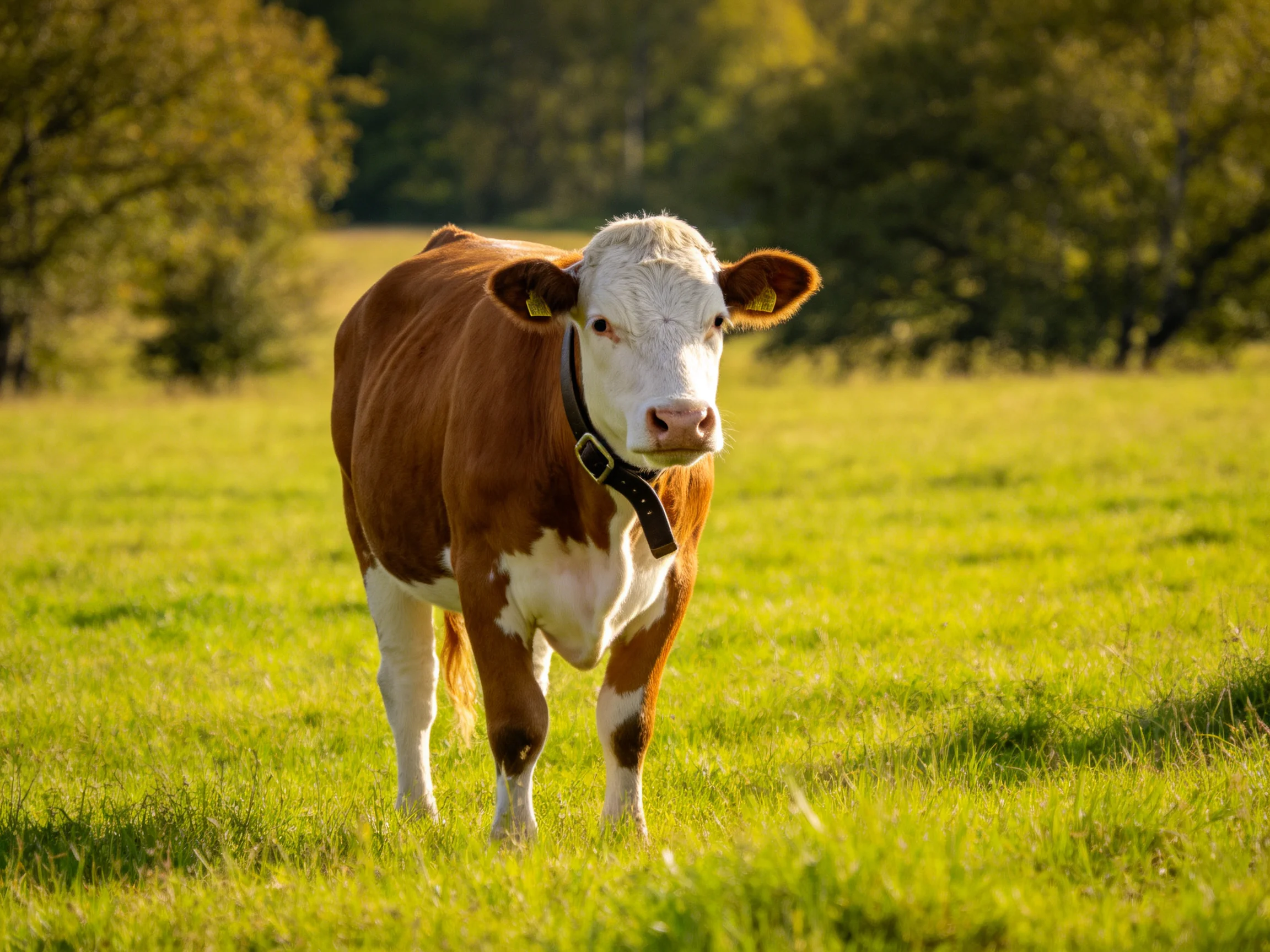 A brown and white cow stands in a sunlit green pasture