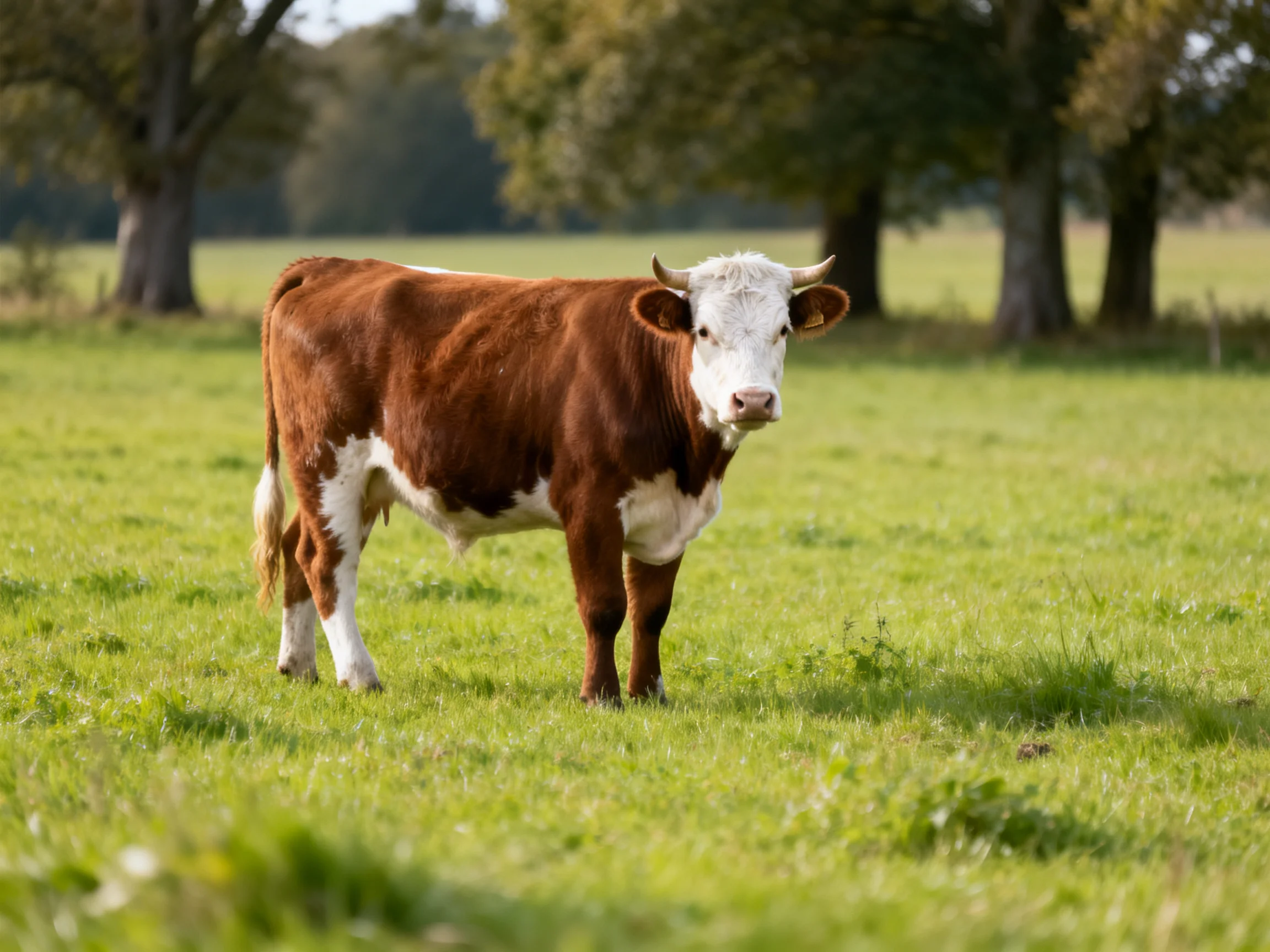 A brown and white cow stands in a sunlit green pasture