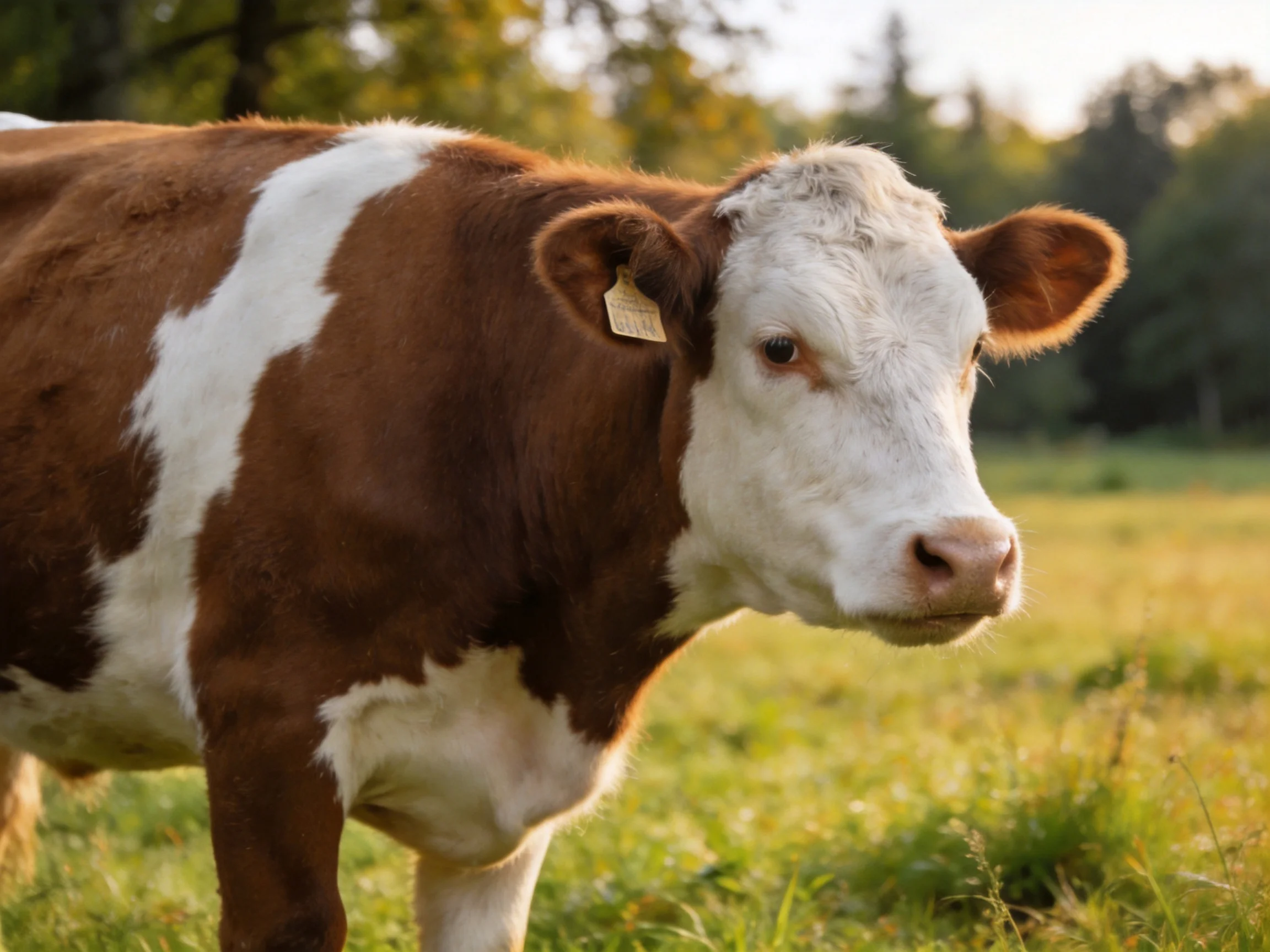 A brown and white cow stands in a sunlit green pasture