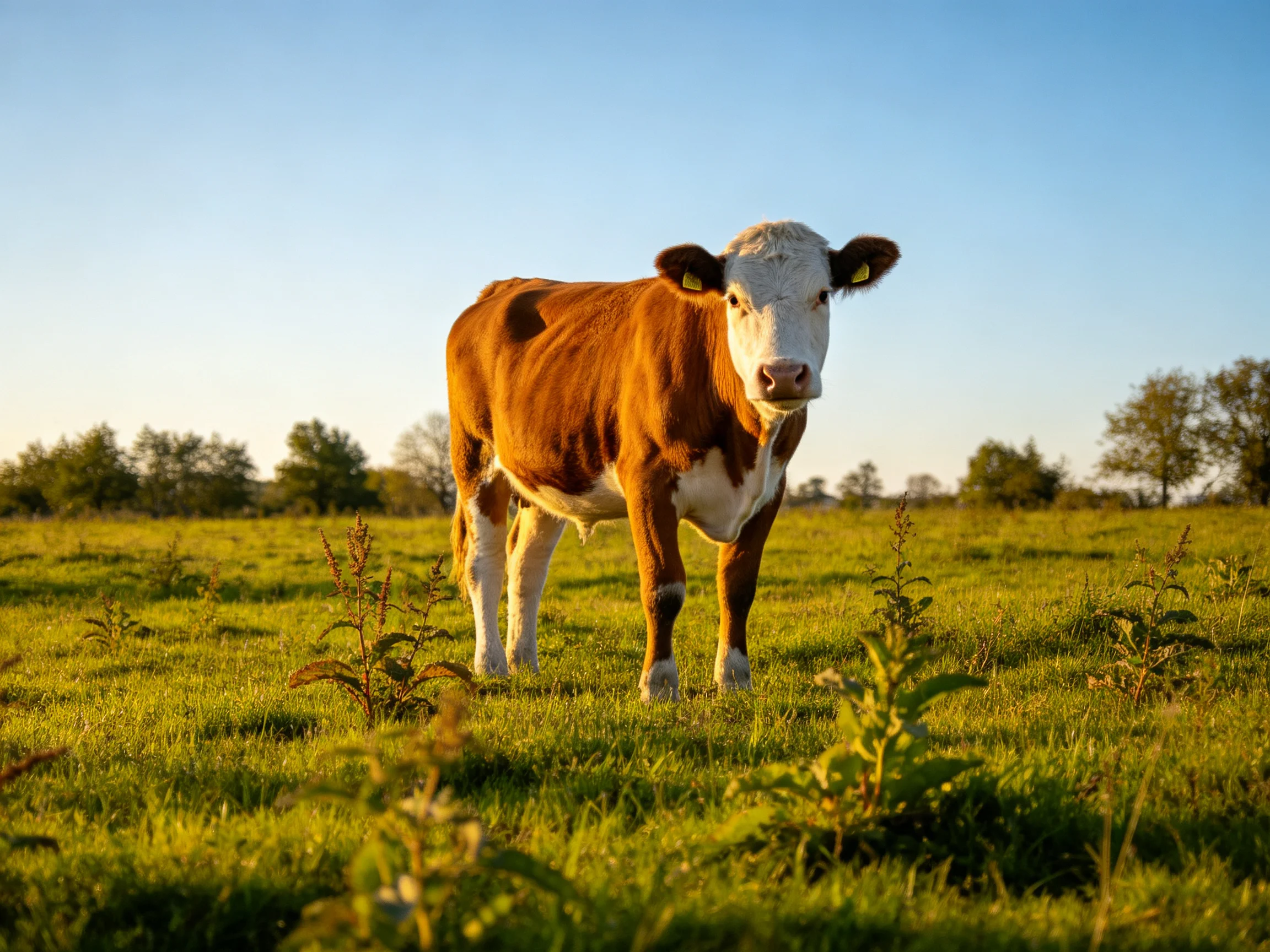A brown and white cow stands in a sunlit green pasture
