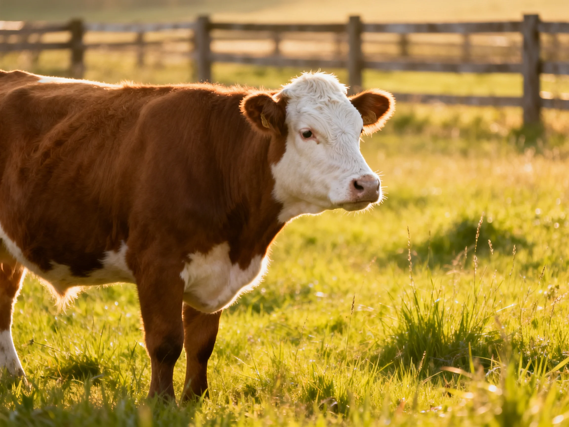 A brown and white cow stands in a sunlit green pasture