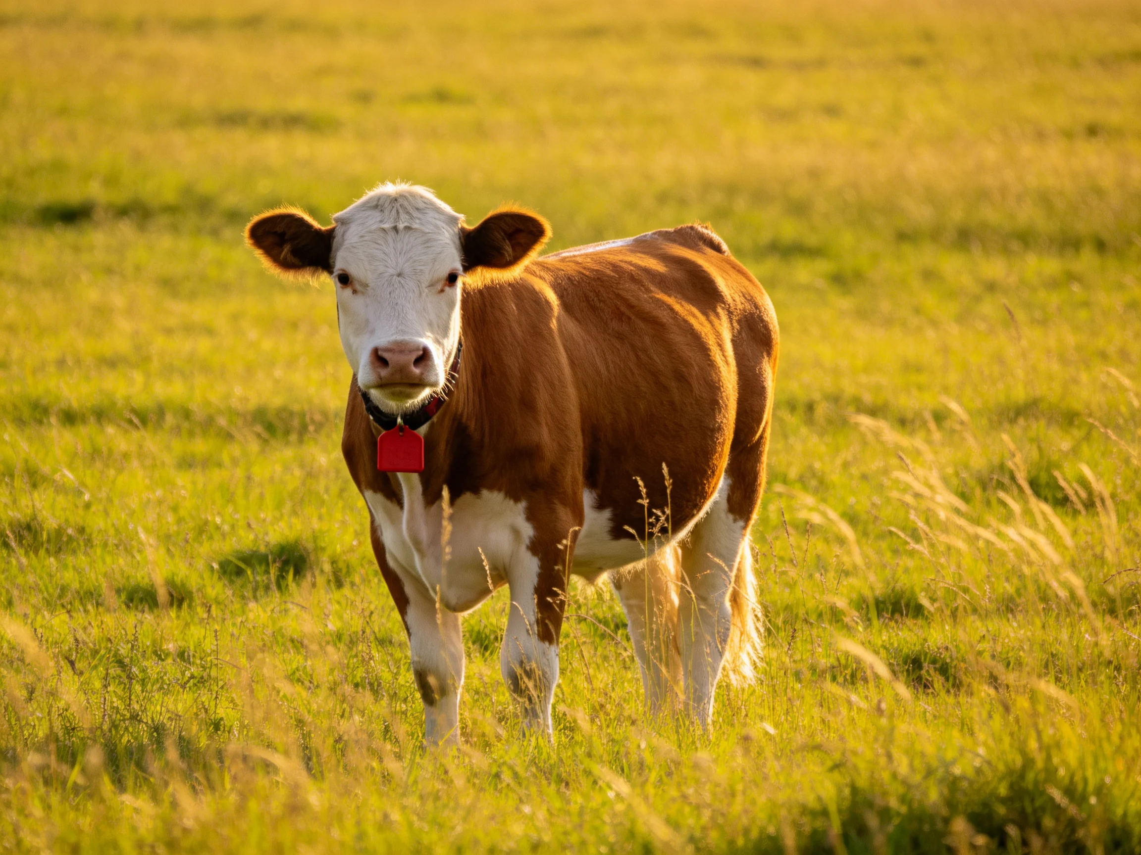 A brown and white cow stands in a sunlit green pasture