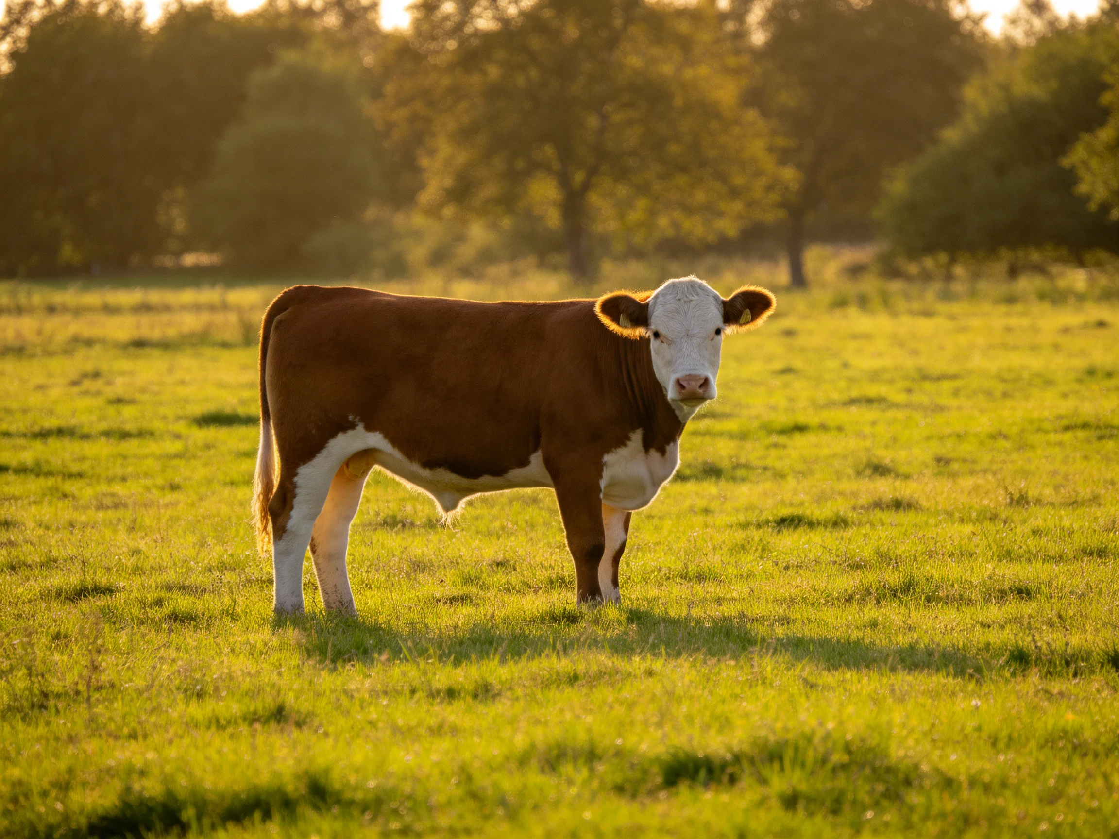 A brown and white cow stands in a sunlit green pasture