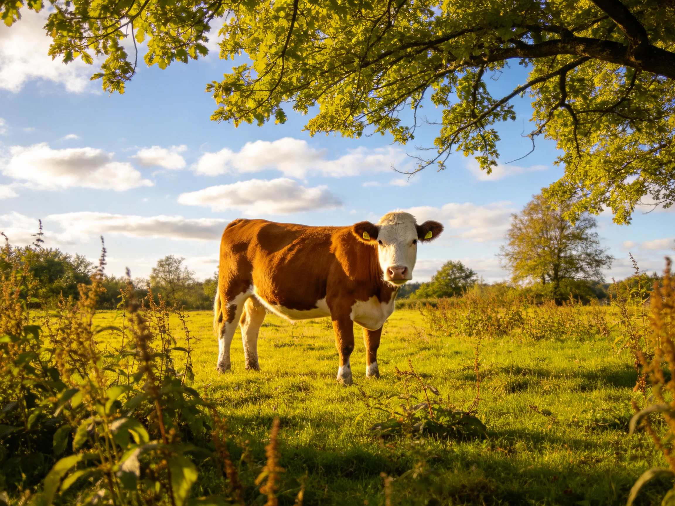 A brown and white cow stands in a sunlit green pasture near leafy trees