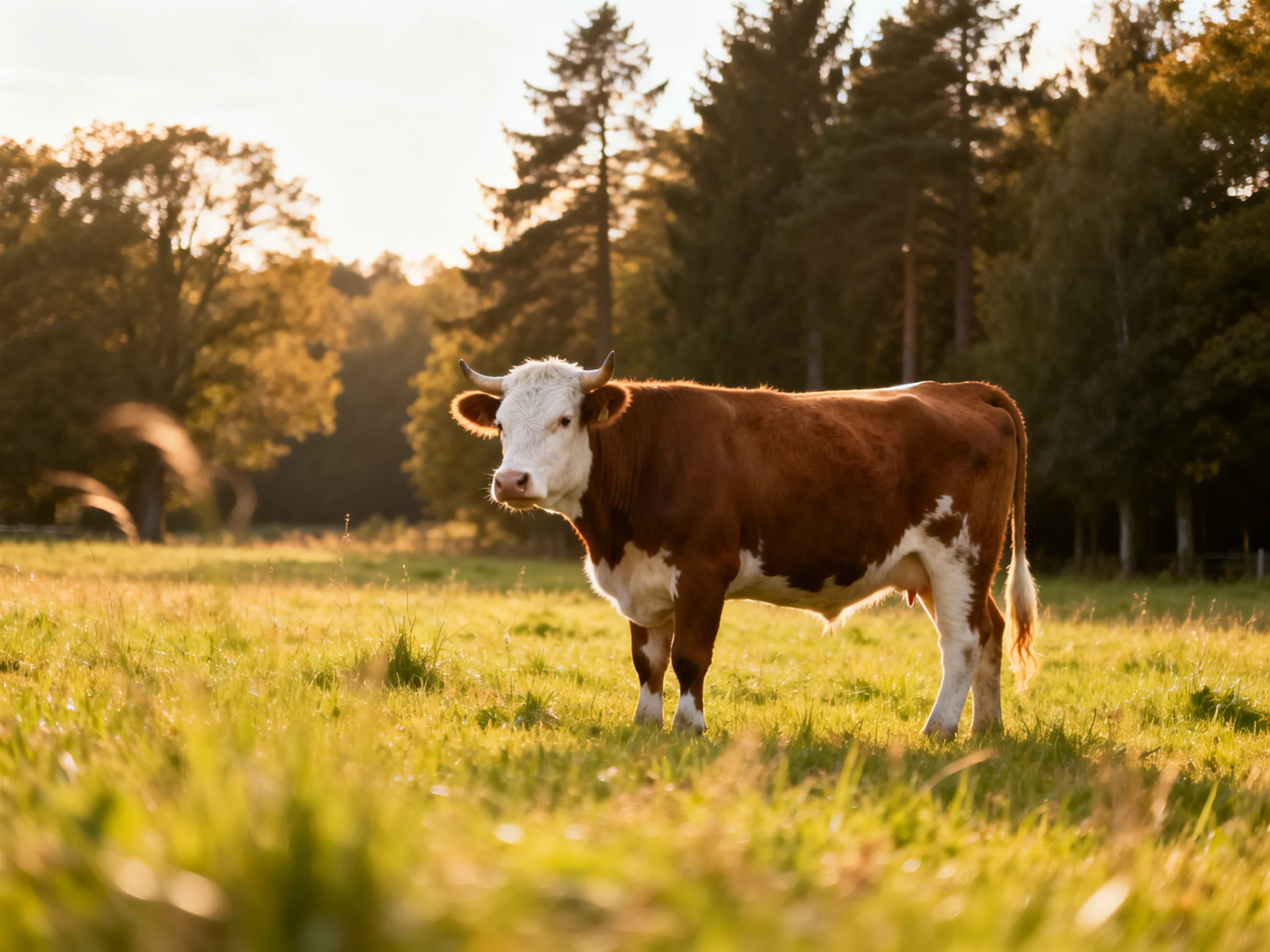 A brown and white cow stands in a sunlit green pasture near tall trees