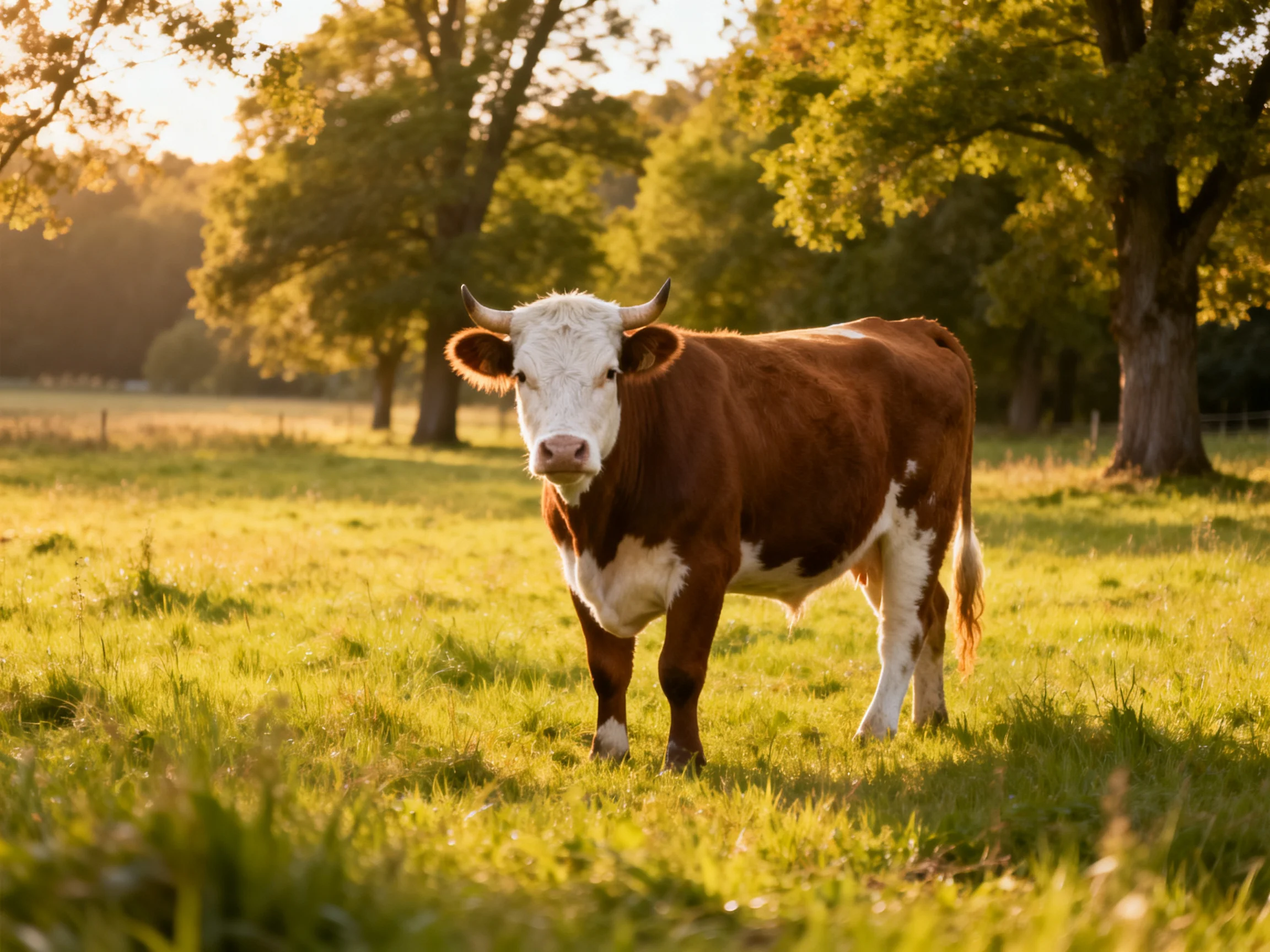 A brown and white cow stands in a sunlit green pasture near tall trees