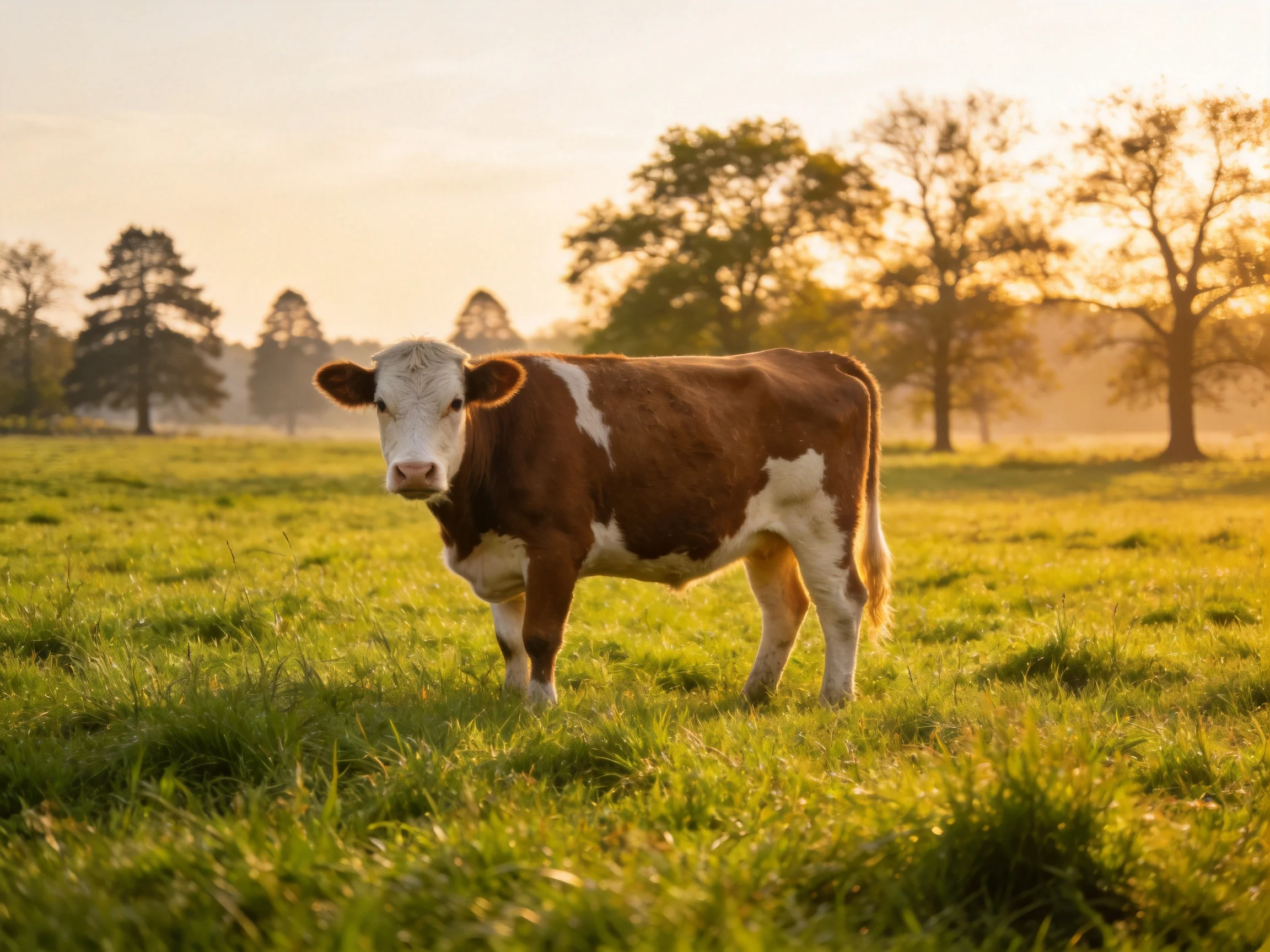 A brown and white cow stands in a sunlit green pasture near tall trees