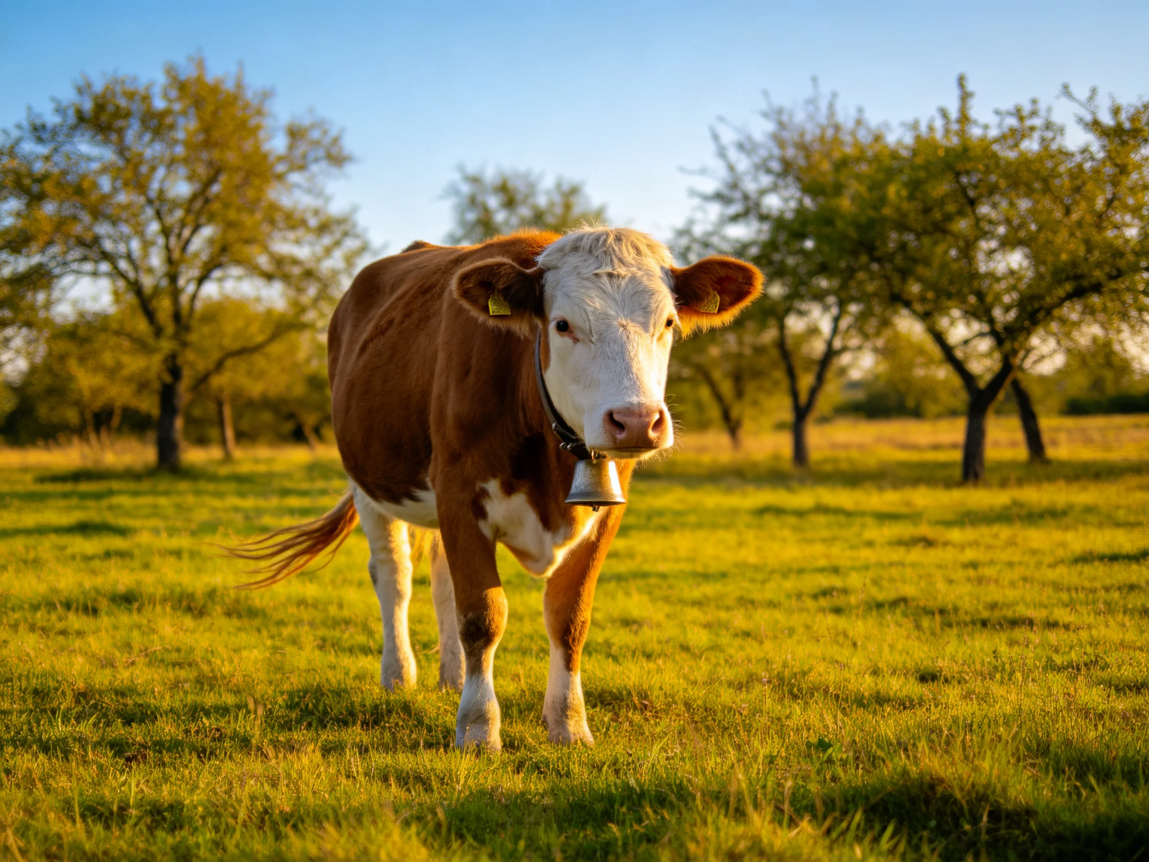 A brown and white cow stands in a sunlit green pasture near trees
