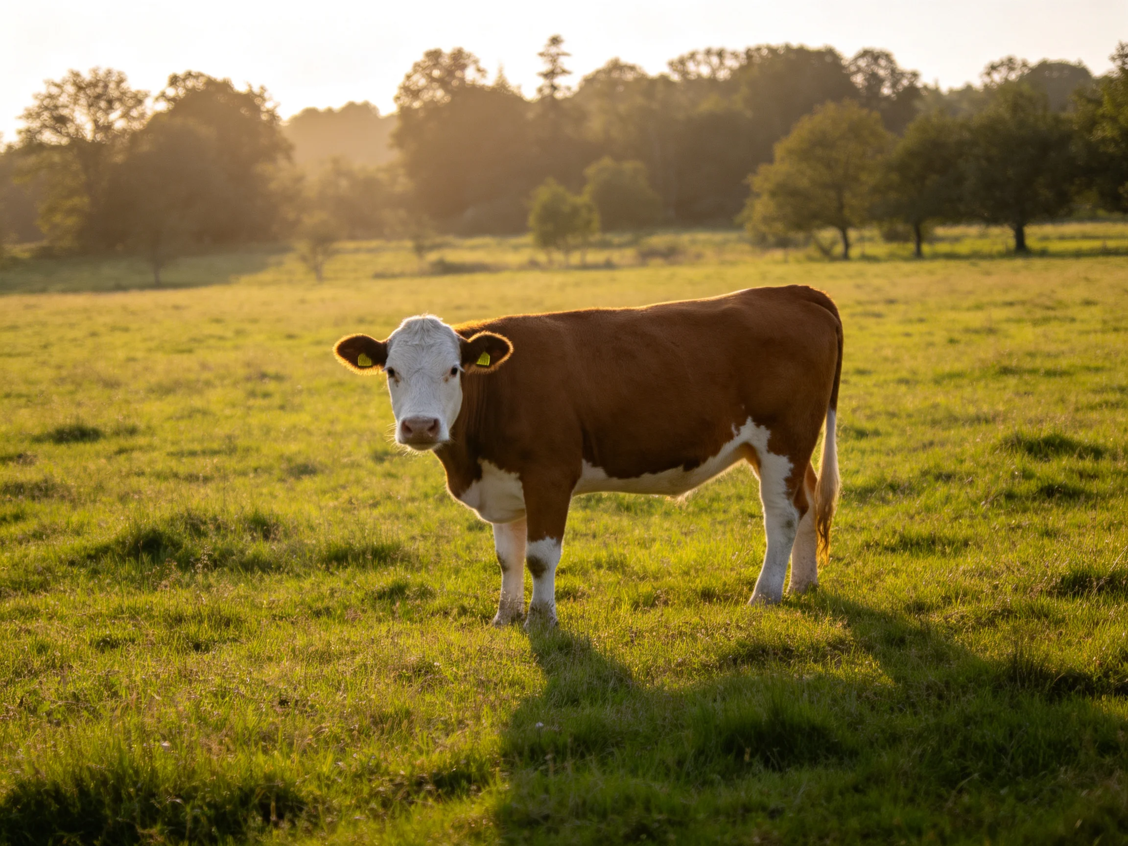 A brown and white cow stands in a sunlit green pasture near trees
