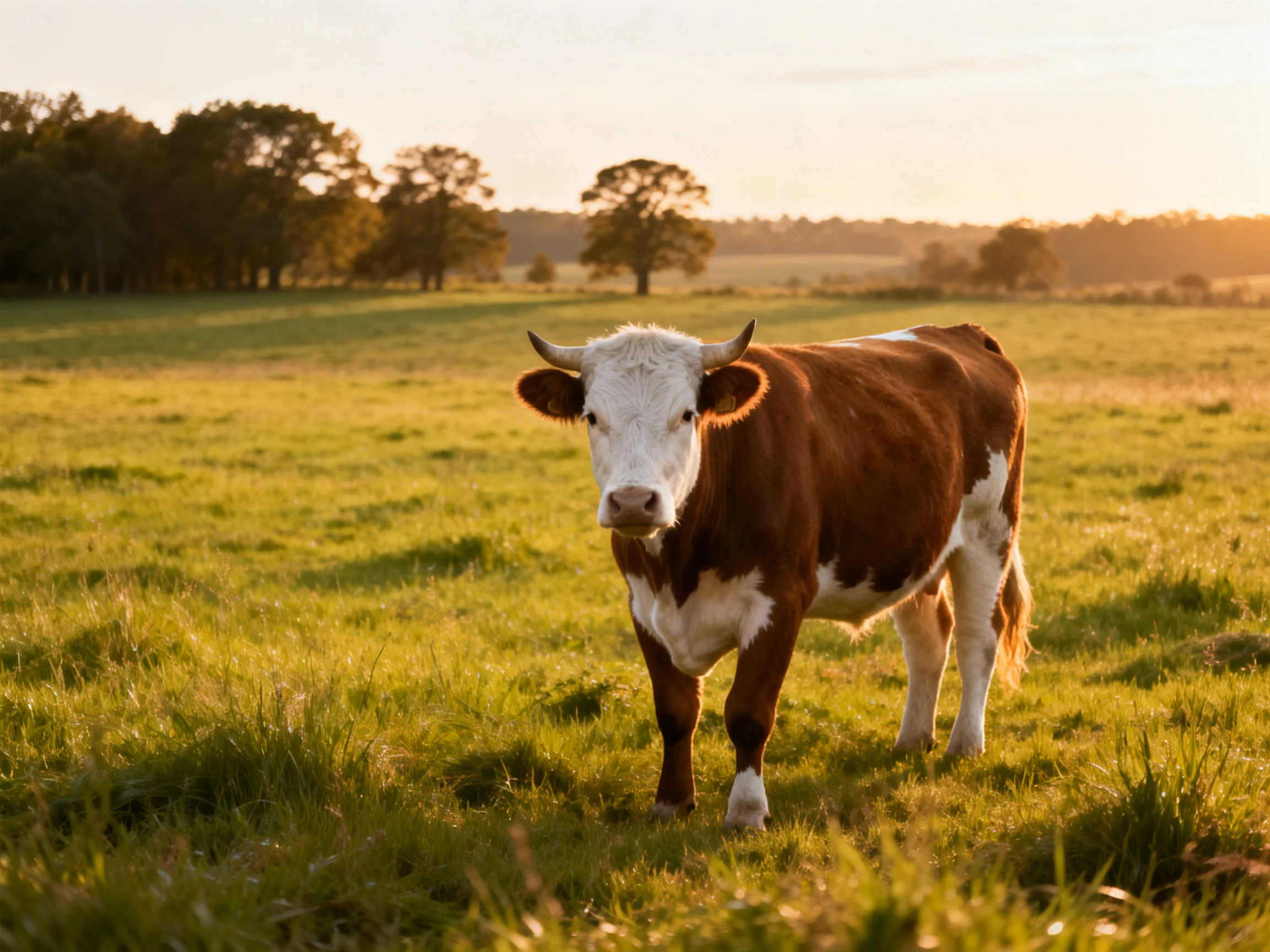 A brown and white cow stands in a sunlit green pasture near trees