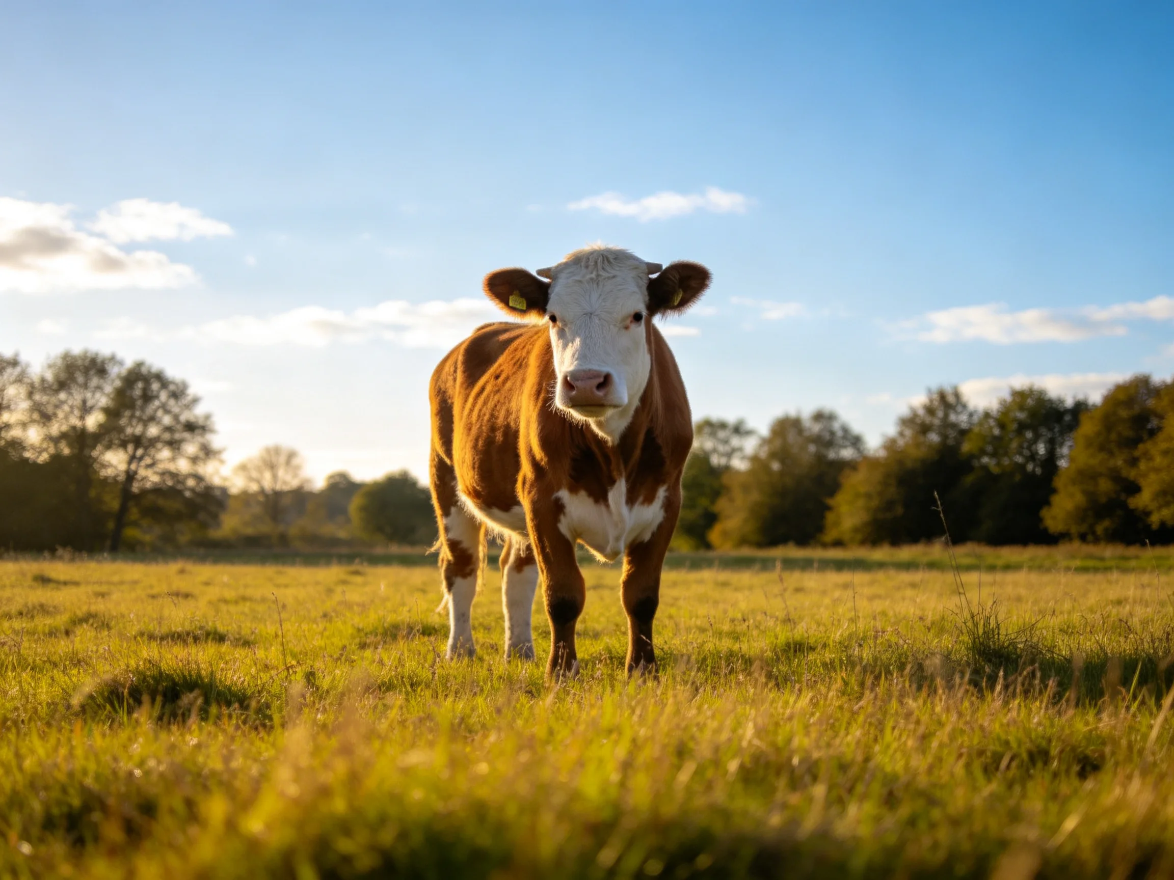 A brown-and-white cow stands in a sunlit green pasture near trees