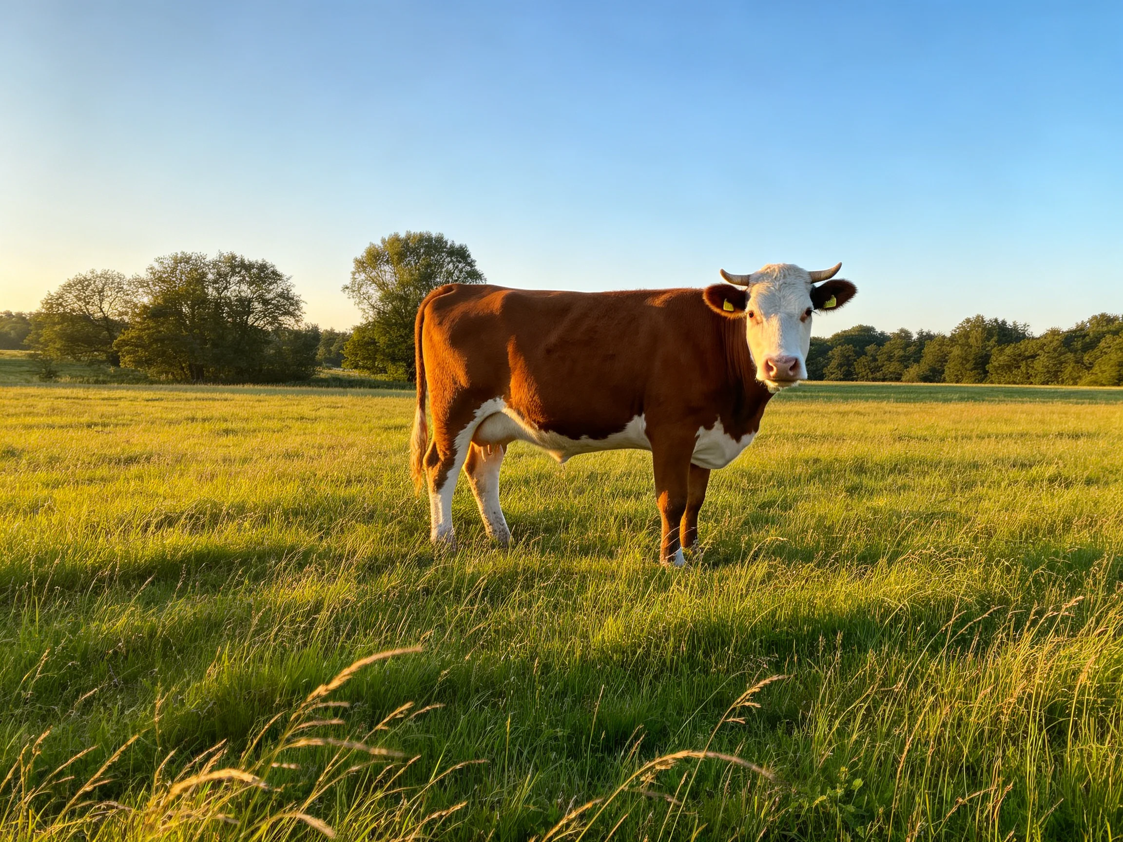 A brown and white cow stands in a sunlit green pasture near trees