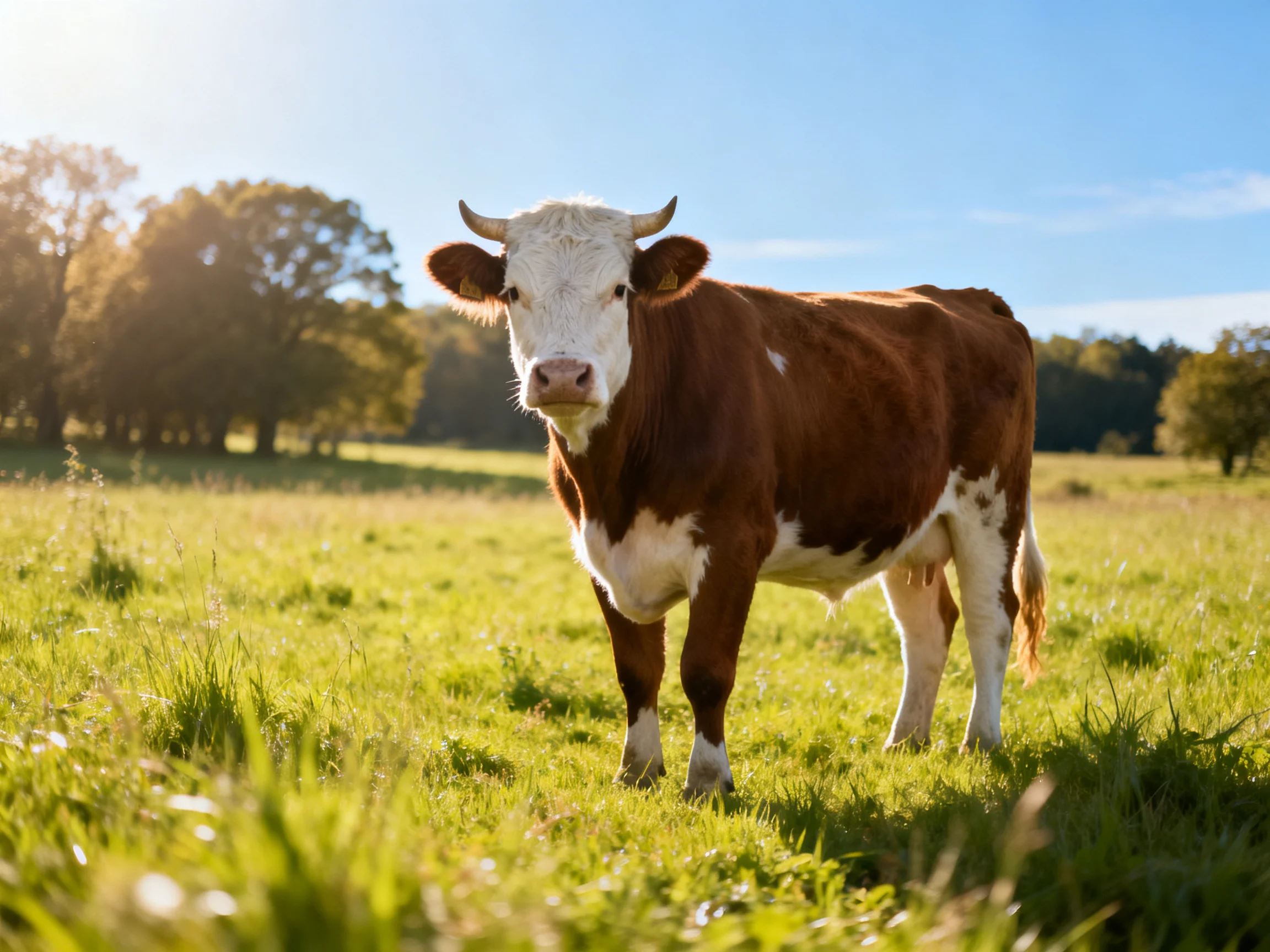 A brown and white cow stands in a sunlit green pasture near trees