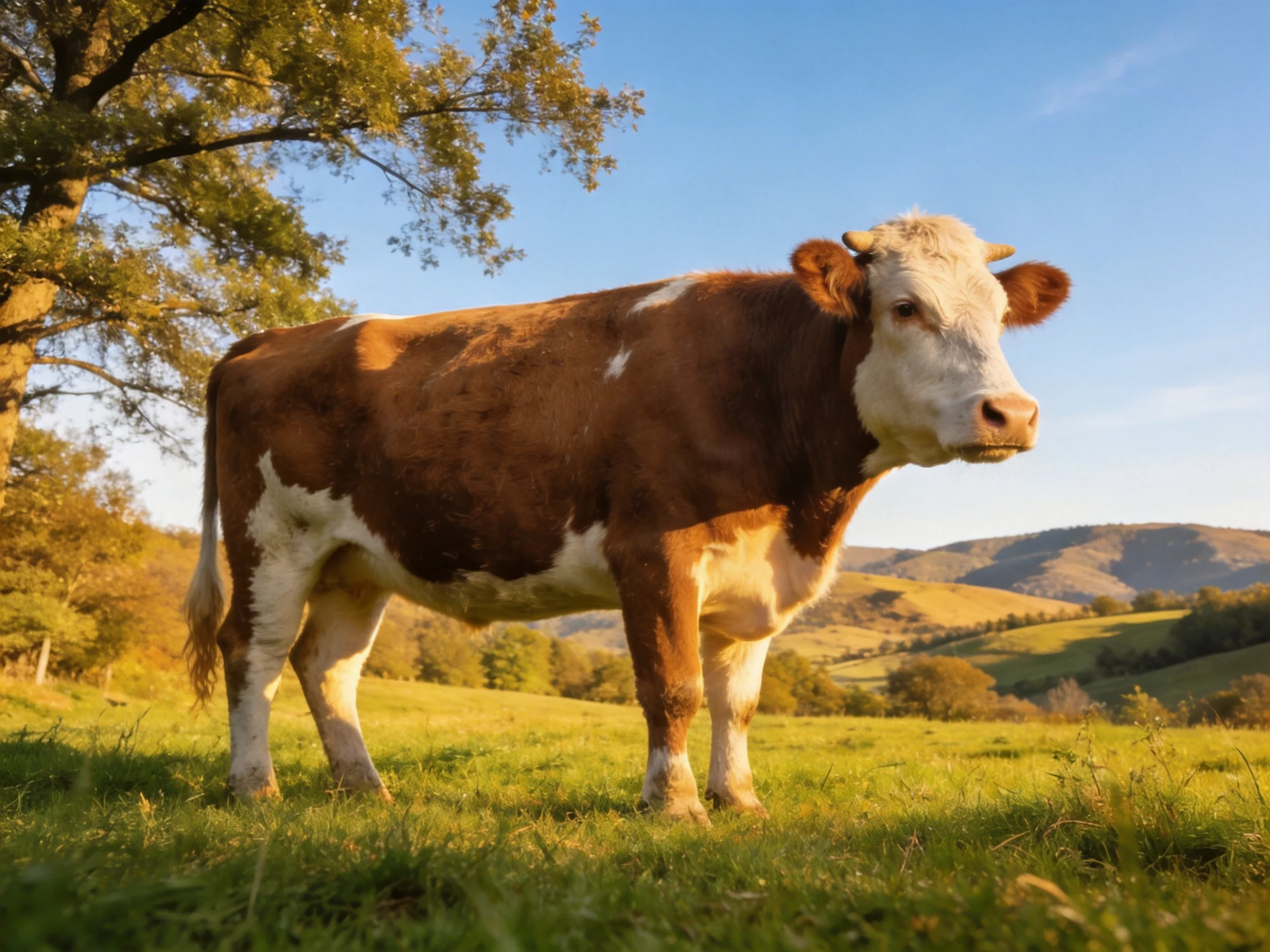 A brown and white cow stands in a sunlit green pasture near trees