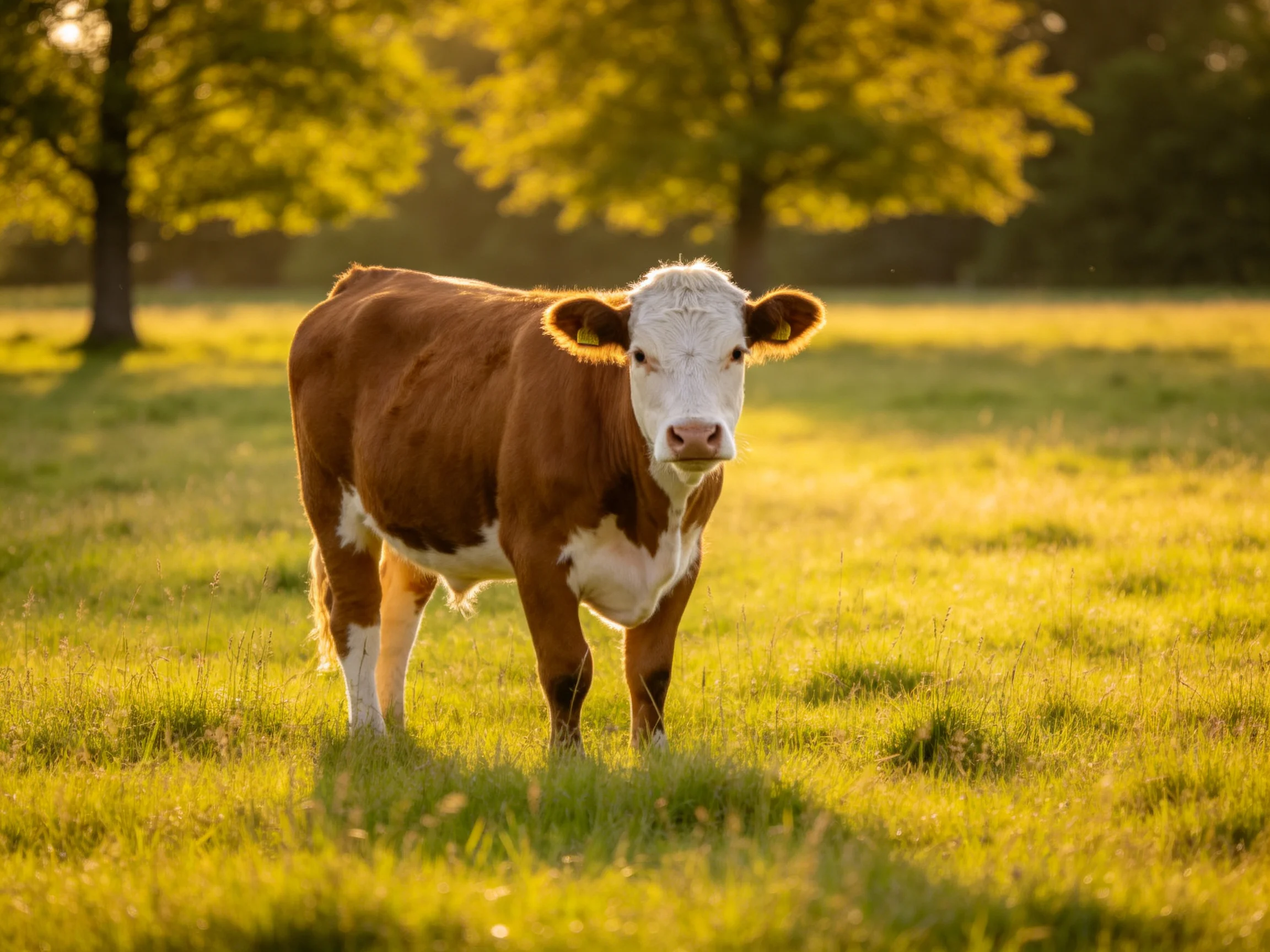 A brown and white cow stands in a sunlit green pasture near trees